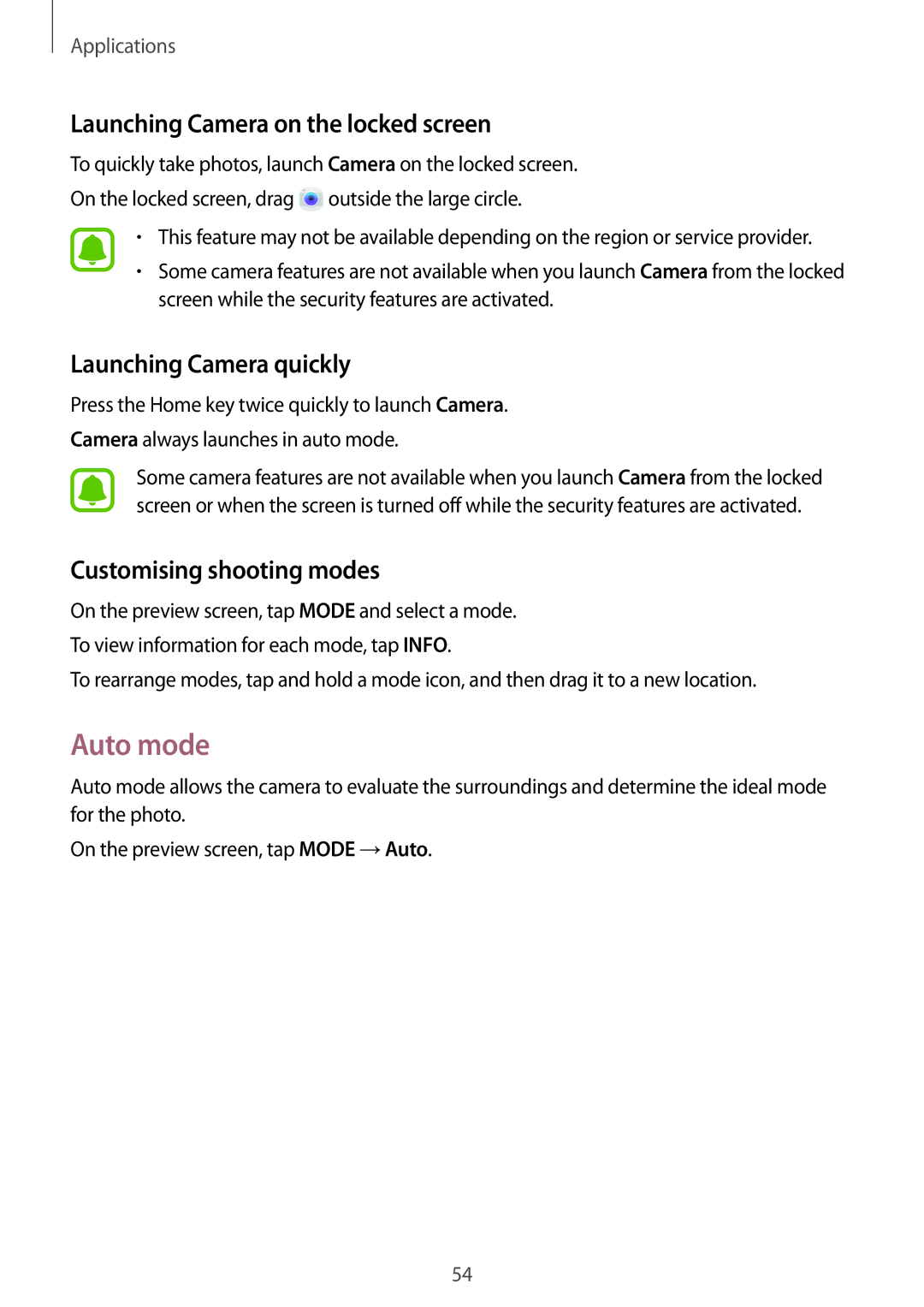 Samsung SM-J106FZDDKSA, SM-J106FZKDKSA manual Auto mode, Launching Camera on the locked screen, Launching Camera quickly 