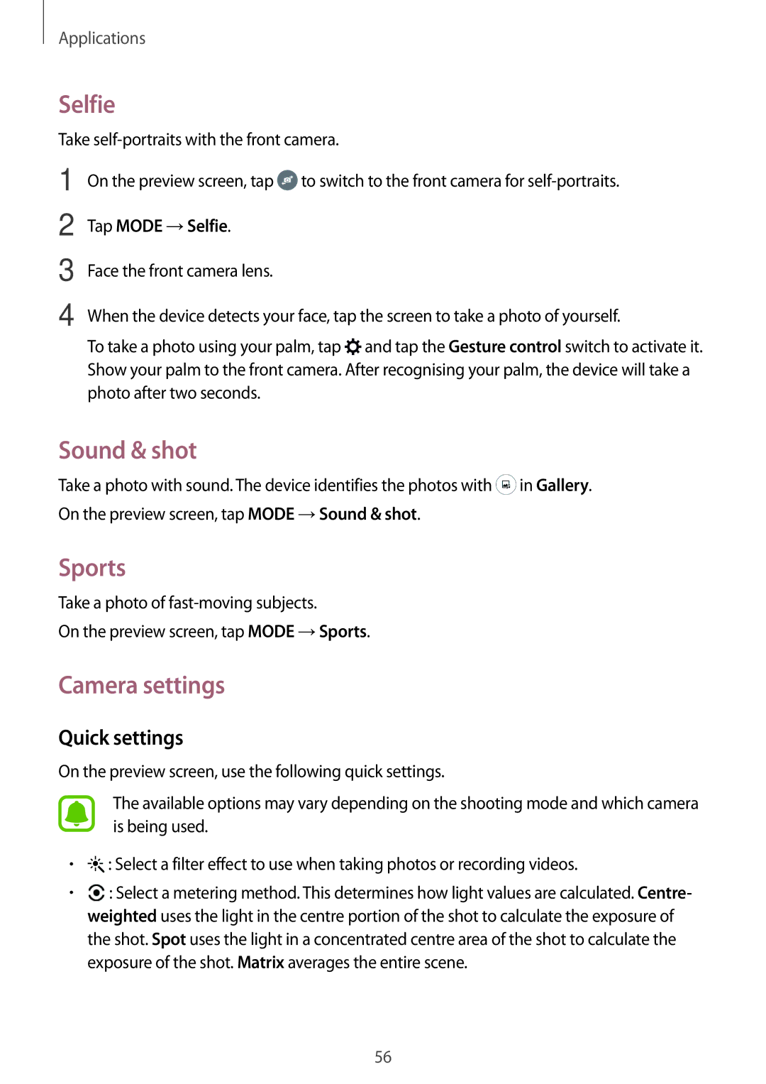 Samsung SM-J106FZWDKSA, SM-J106FZDDKSA, SM-J106FZKDKSA manual Selfie, Sound & shot, Sports, Camera settings, Quick settings 