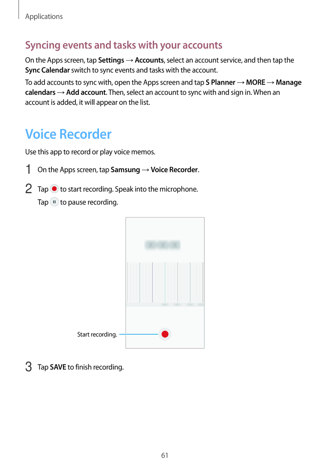 Samsung SM-J106FZKDKSA, SM-J106FZDDKSA, SM-J106FZWDKSA manual Voice Recorder, Syncing events and tasks with your accounts 