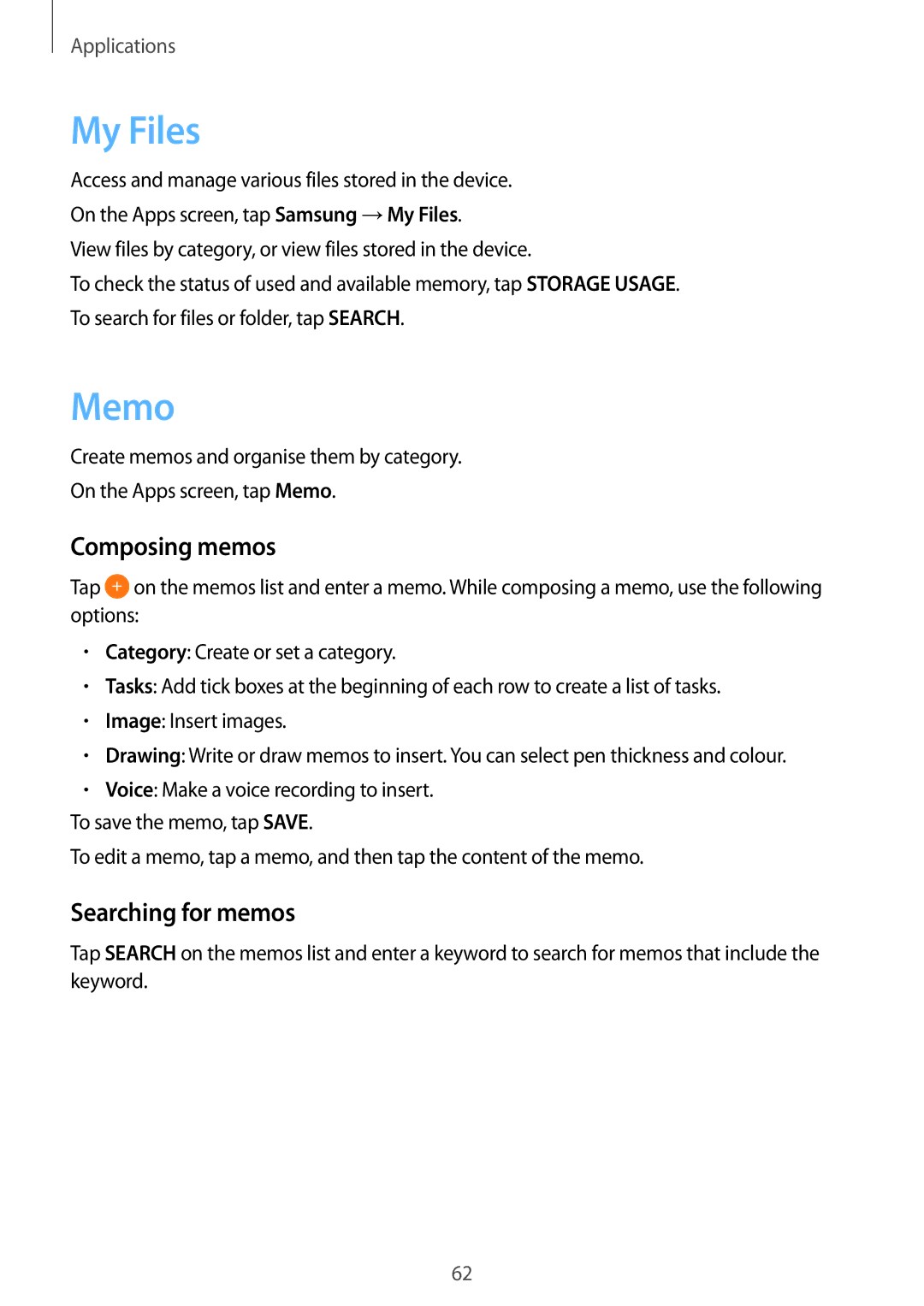 Samsung SM-J106FZWDKSA, SM-J106FZDDKSA, SM-J106FZKDKSA manual My Files, Memo, Composing memos, Searching for memos 