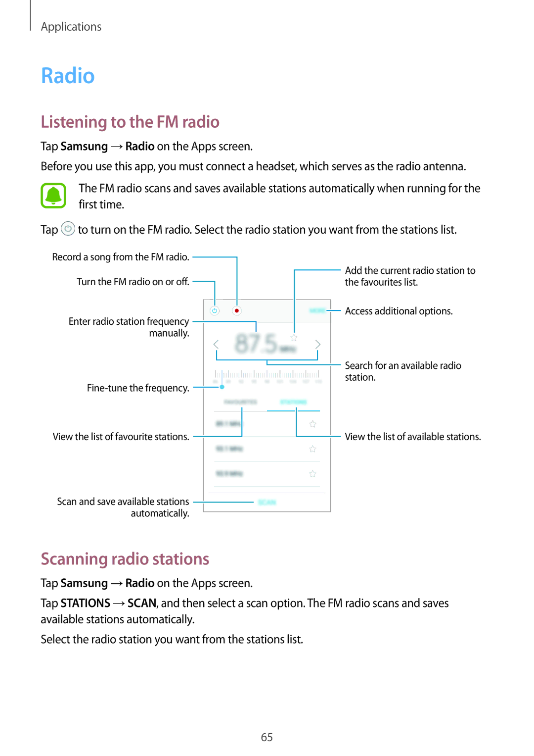 Samsung SM-J106FZWDKSA, SM-J106FZDDKSA, SM-J106FZKDKSA manual Radio, Listening to the FM radio, Scanning radio stations 