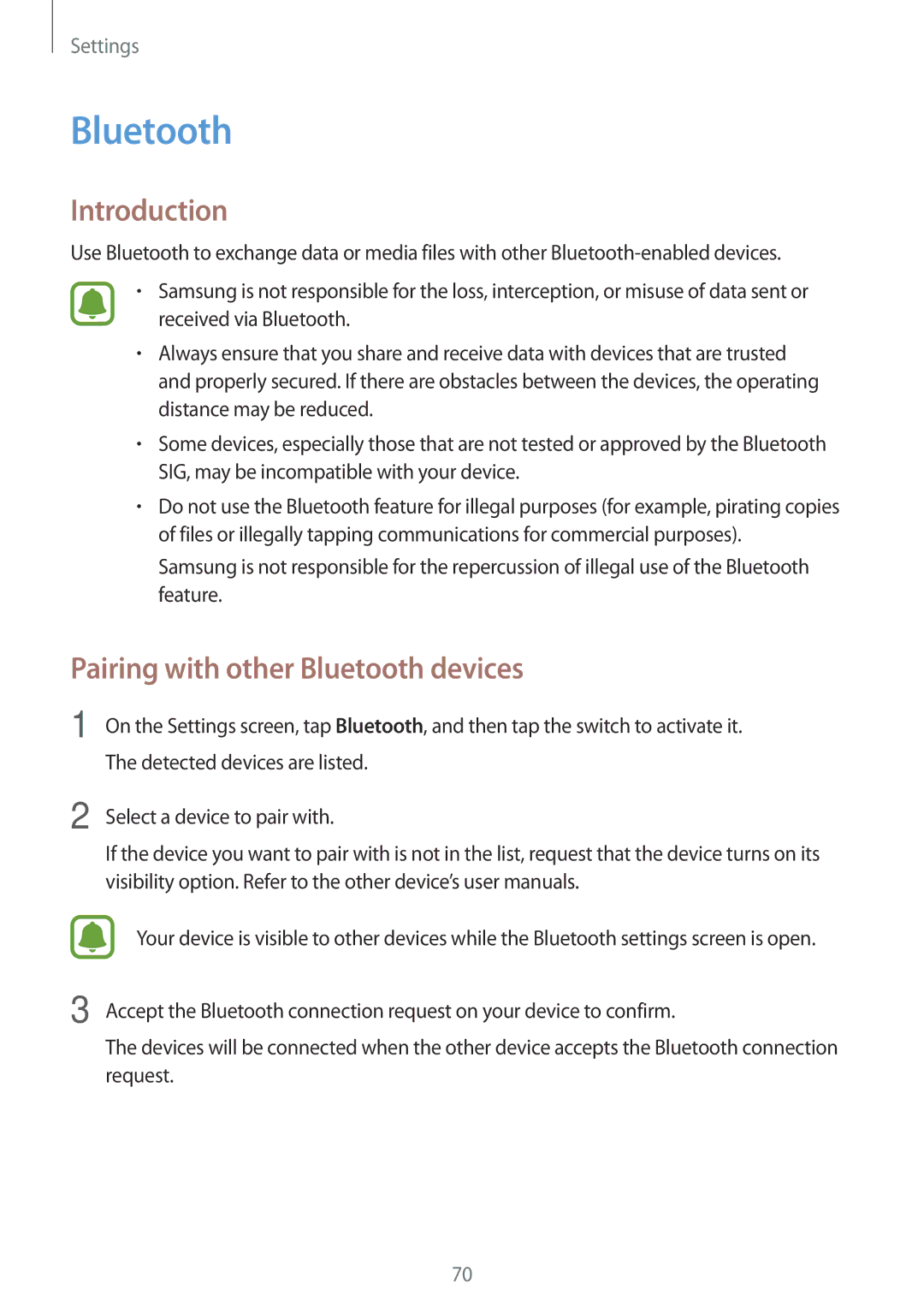 Samsung SM-J106FZKDKSA, SM-J106FZDDKSA, SM-J106FZWDKSA manual Pairing with other Bluetooth devices 