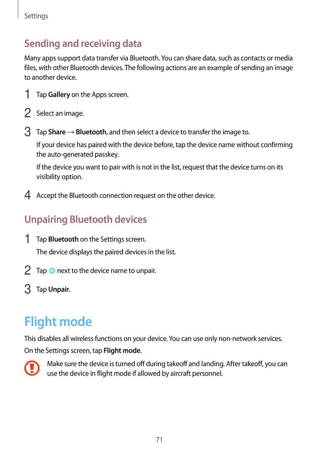 Samsung SM-J106FZWDKSA, SM-J106FZDDKSA, SM-J106FZKDKSA Flight mode, Sending and receiving data, Unpairing Bluetooth devices 