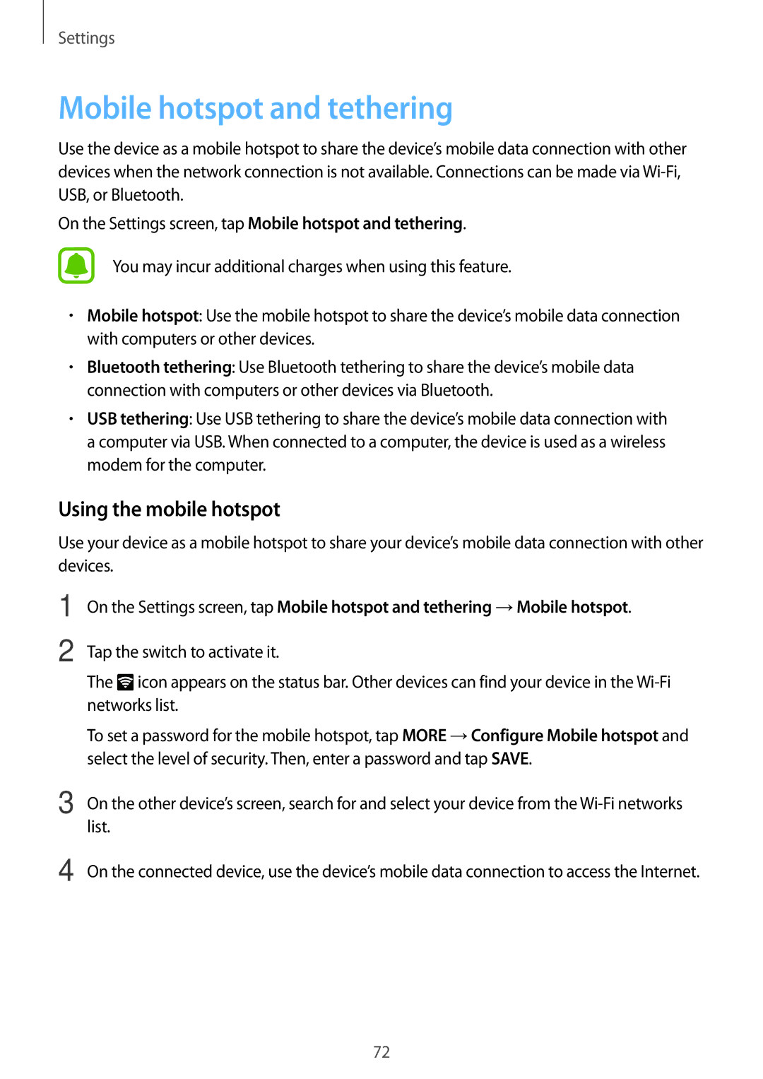 Samsung SM-J106FZDDKSA, SM-J106FZKDKSA, SM-J106FZWDKSA manual Mobile hotspot and tethering, Using the mobile hotspot 