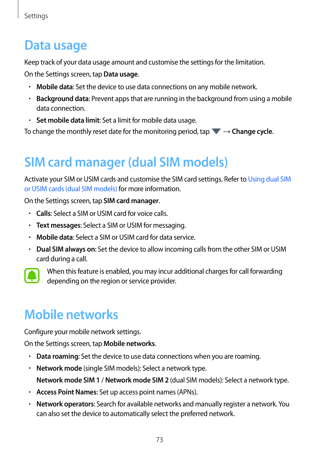 Samsung SM-J106FZKDKSA, SM-J106FZDDKSA, SM-J106FZWDKSA manual Data usage, SIM card manager dual SIM models, Mobile networks 