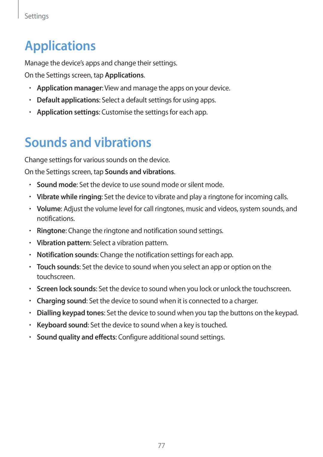 Samsung SM-J106FZWDKSA, SM-J106FZDDKSA, SM-J106FZKDKSA manual Applications, Sounds and vibrations 