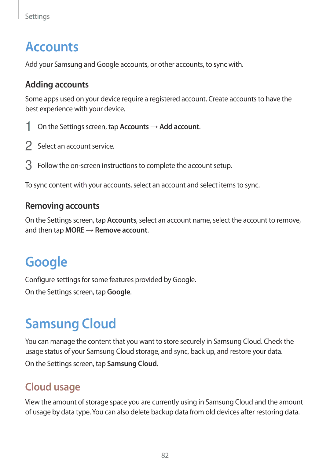 Samsung SM-J106FZKDKSA, SM-J106FZDDKSA, SM-J106FZWDKSA manual Accounts, Google, Samsung Cloud, Cloud usage 