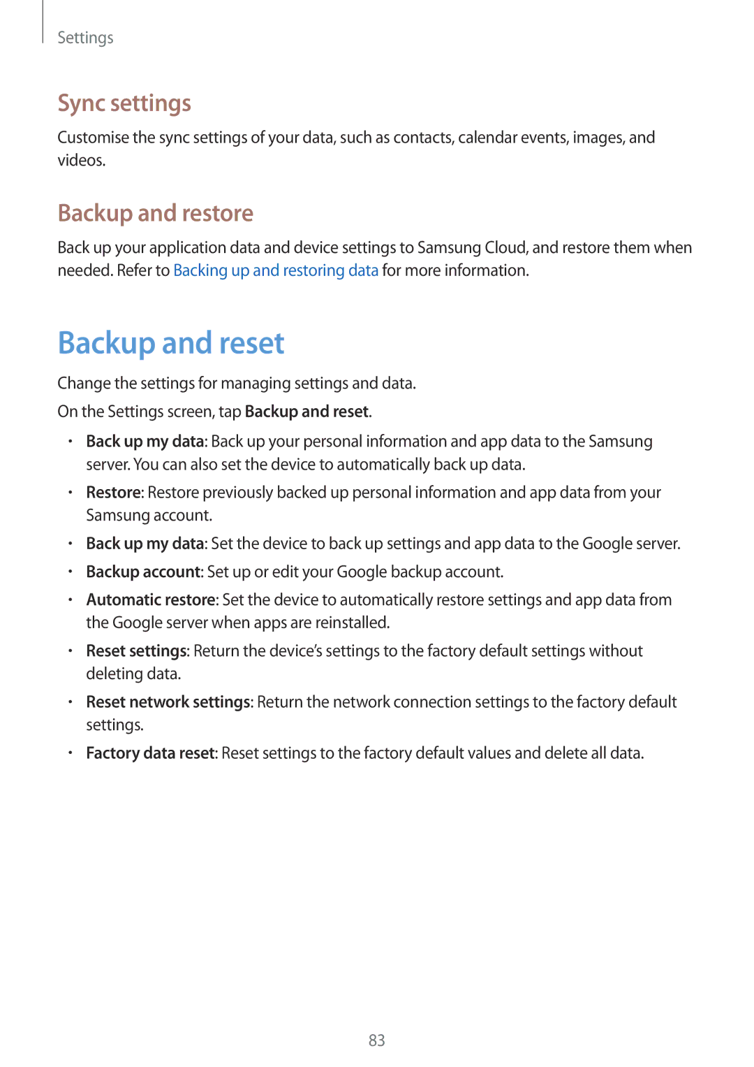 Samsung SM-J106FZWDKSA, SM-J106FZDDKSA, SM-J106FZKDKSA manual Backup and reset, Sync settings, Backup and restore 