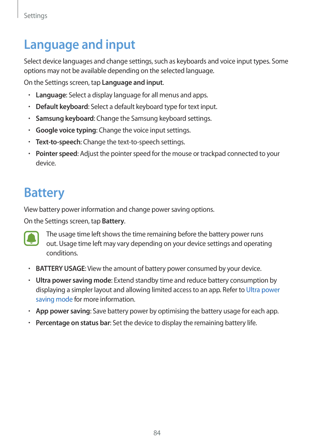 Samsung SM-J106FZDDKSA, SM-J106FZKDKSA, SM-J106FZWDKSA manual Language and input, Battery 