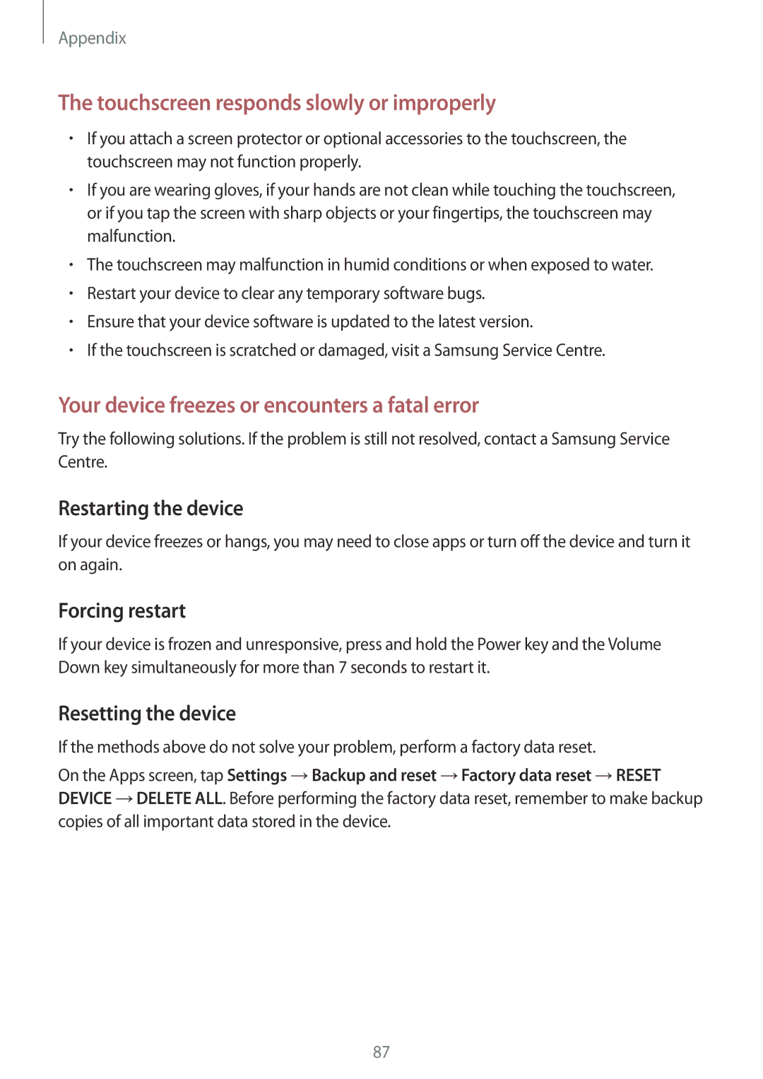 Samsung SM-J106FZDDKSA, SM-J106FZKDKSA, SM-J106FZWDKSA manual Restarting the device, Forcing restart, Resetting the device 