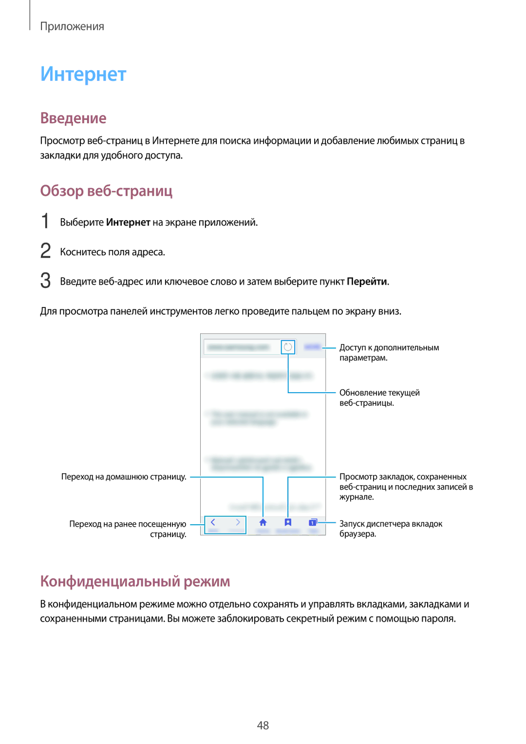 Samsung SM-J106FZDDSER, SM-J106FZKDSER manual Интернет, Обзор веб-страниц, Конфиденциальный режим 