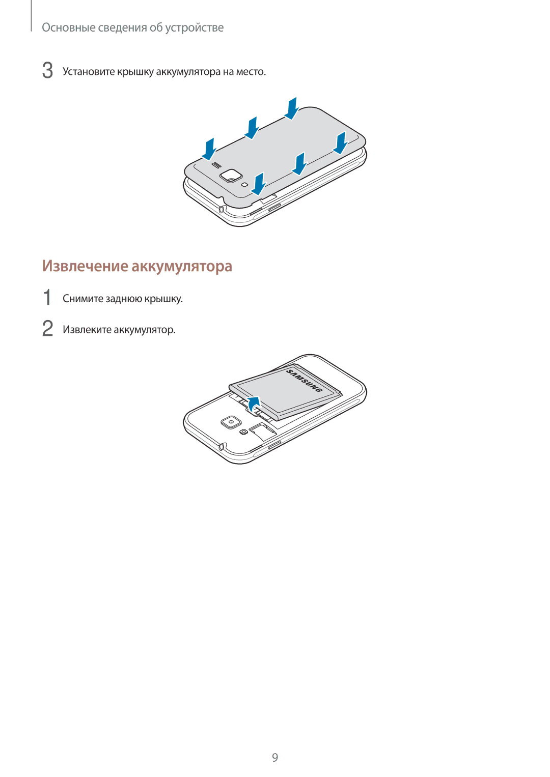 Samsung SM-J106FZKDSER, SM-J106FZDDSER manual Извлечение аккумулятора 