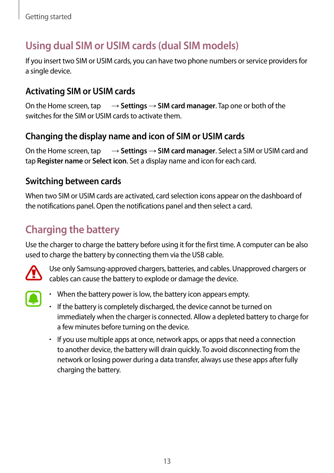 Samsung SM-J110HZWDKSA Using dual SIM or Usim cards dual SIM models, Charging the battery, Activating SIM or Usim cards 