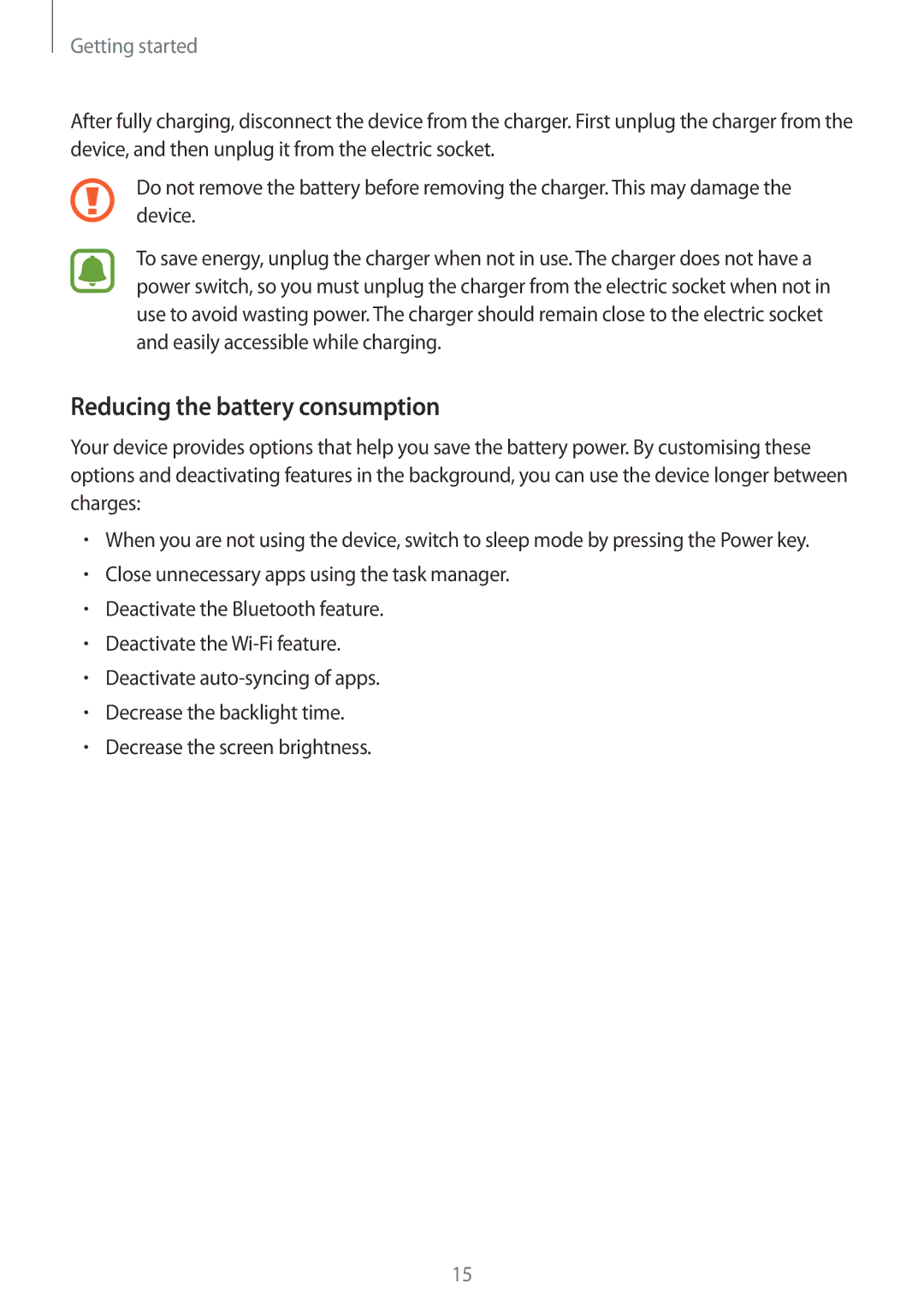 Samsung CG-J110HZWBSHI, SM-J110HZKDKSA, SM-J110HZWDKSA, SM-J110HZBDKSA manual Reducing the battery consumption 