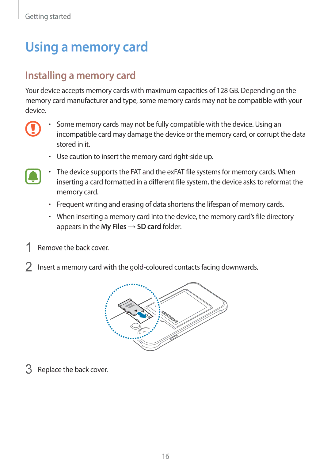 Samsung SM-J110HZKDKSA, SM-J110HZWDKSA, SM-J110HZBDKSA, CG-J110HZWBSHI manual Using a memory card, Installing a memory card 