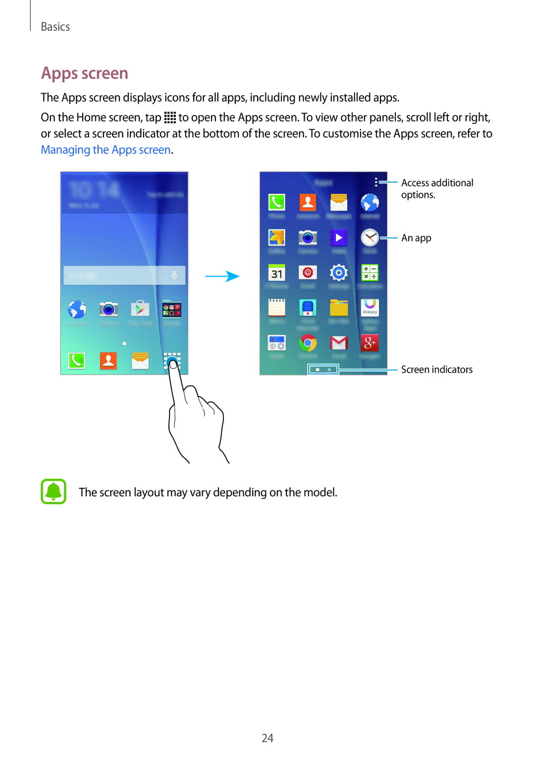 Samsung SM-J110HZKDKSA, SM-J110HZWDKSA, SM-J110HZBDKSA, CG-J110HZWBSHI manual Apps screen 