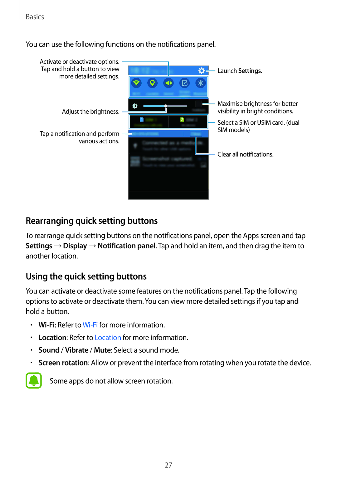 Samsung CG-J110HZWBSHI, SM-J110HZKDKSA, SM-J110HZWDKSA Rearranging quick setting buttons, Using the quick setting buttons 