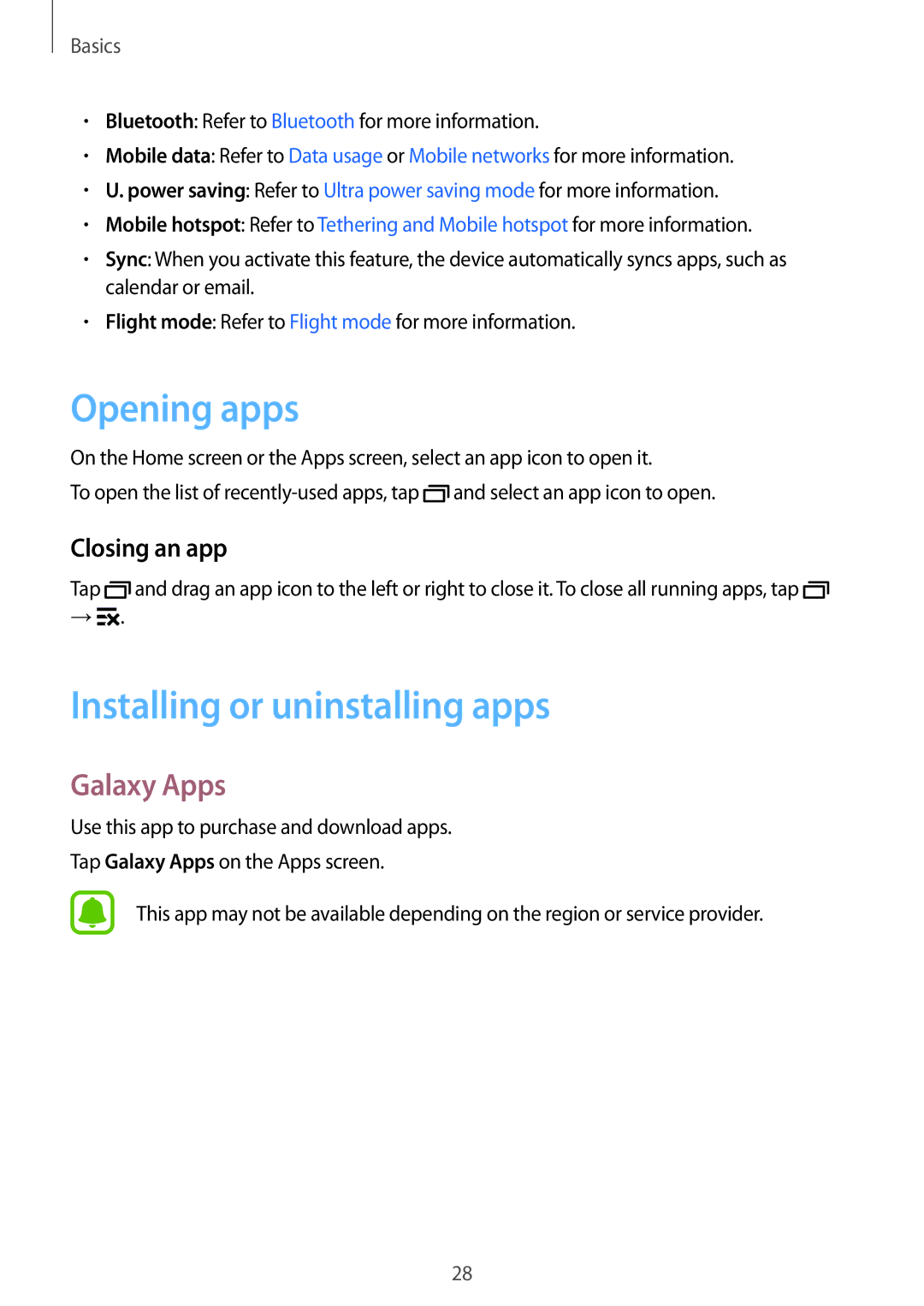 Samsung SM-J110HZKDKSA, SM-J110HZWDKSA manual Opening apps, Installing or uninstalling apps, Galaxy Apps, Closing an app 