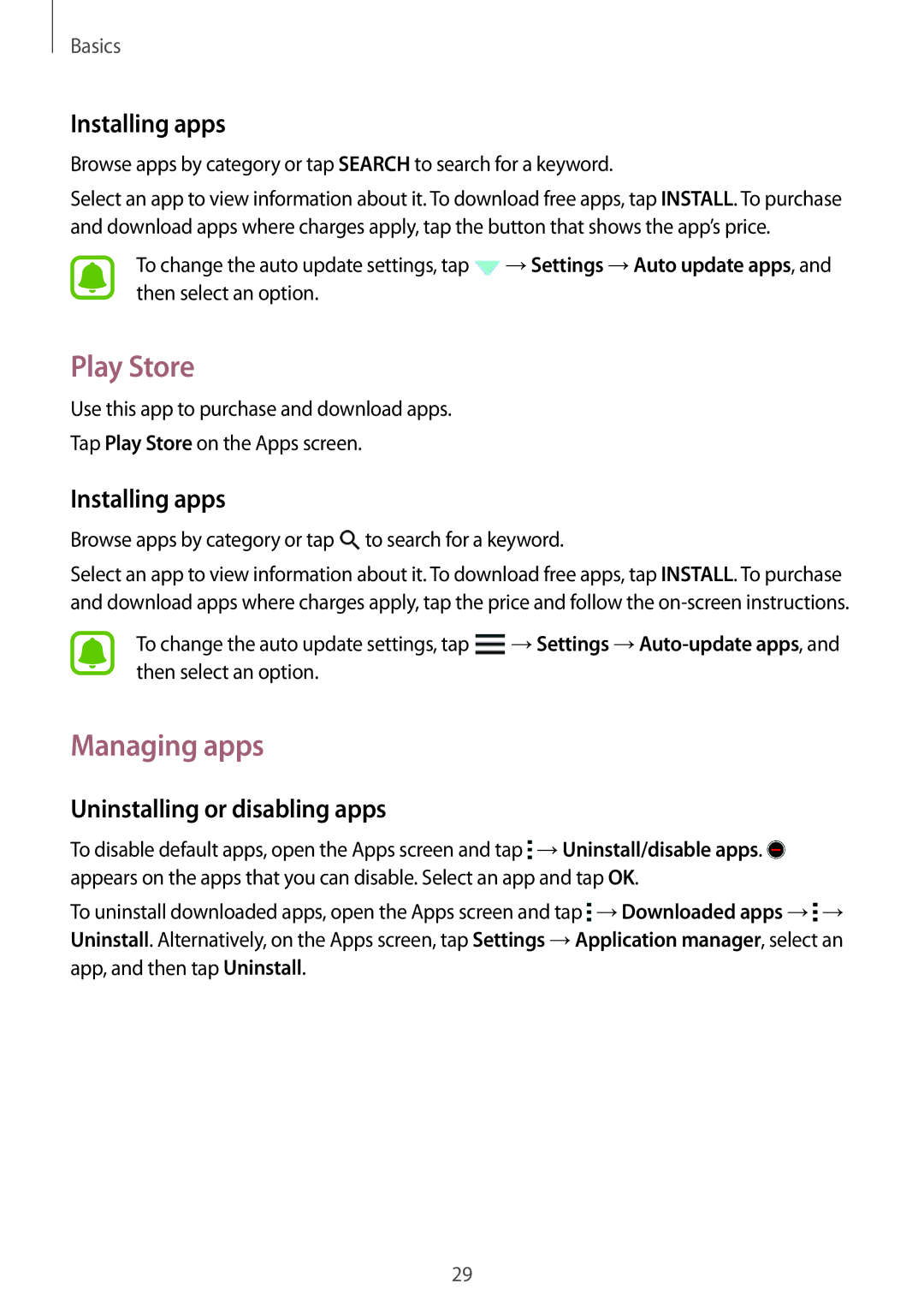 Samsung SM-J110HZWDKSA, SM-J110HZKDKSA manual Play Store, Managing apps, Installing apps, Uninstalling or disabling apps 