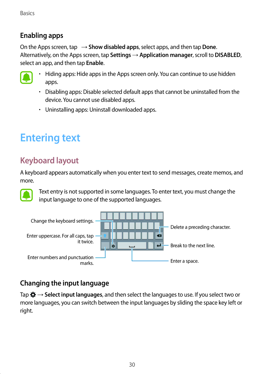 Samsung SM-J110HZBDKSA, SM-J110HZKDKSA manual Entering text, Keyboard layout, Enabling apps, Changing the input language 