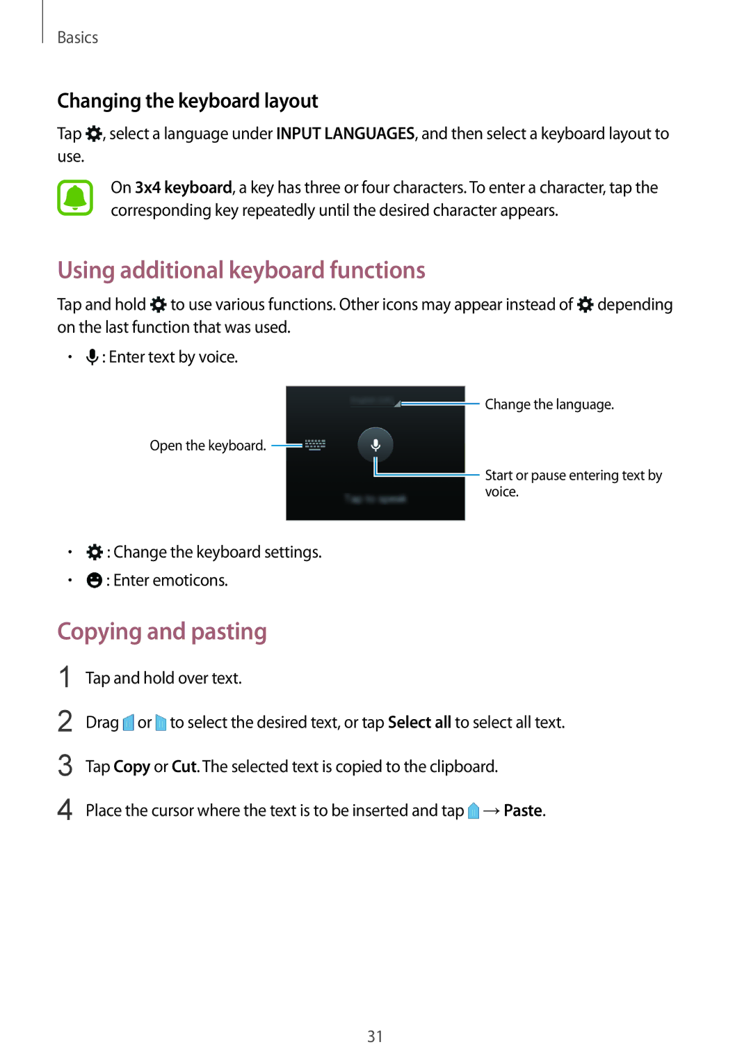 Samsung CG-J110HZWBSHI manual Using additional keyboard functions, Copying and pasting, Changing the keyboard layout 