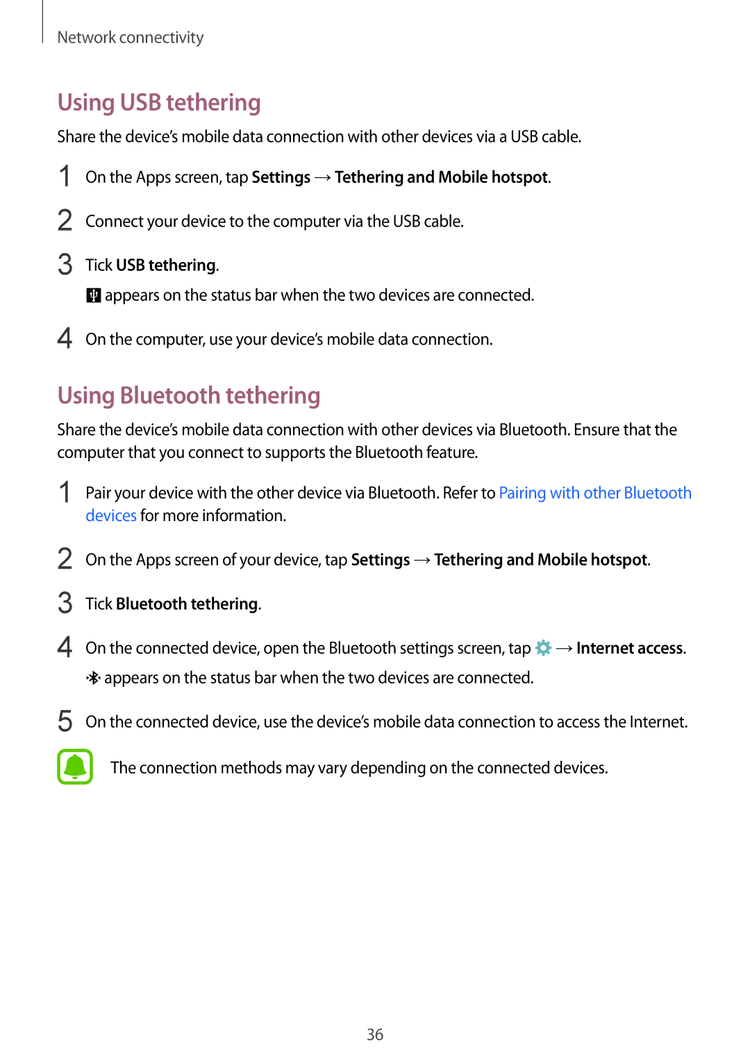 Samsung SM-J110HZKDKSA manual Using USB tethering, Using Bluetooth tethering, Tick USB tethering, Tick Bluetooth tethering 