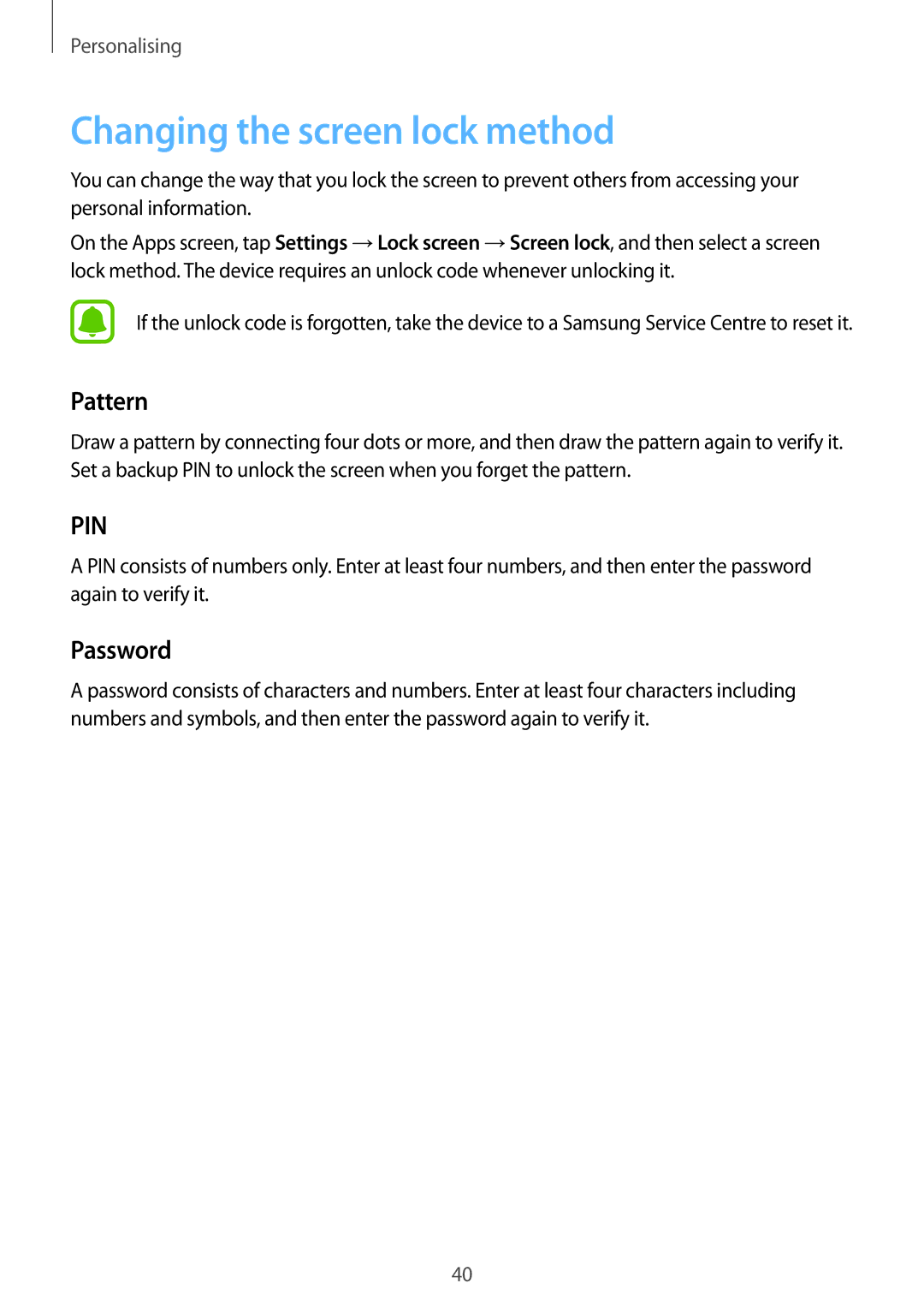 Samsung SM-J110HZKDKSA, SM-J110HZWDKSA, SM-J110HZBDKSA, CG-J110HZWBSHI Changing the screen lock method, Pattern, Password 