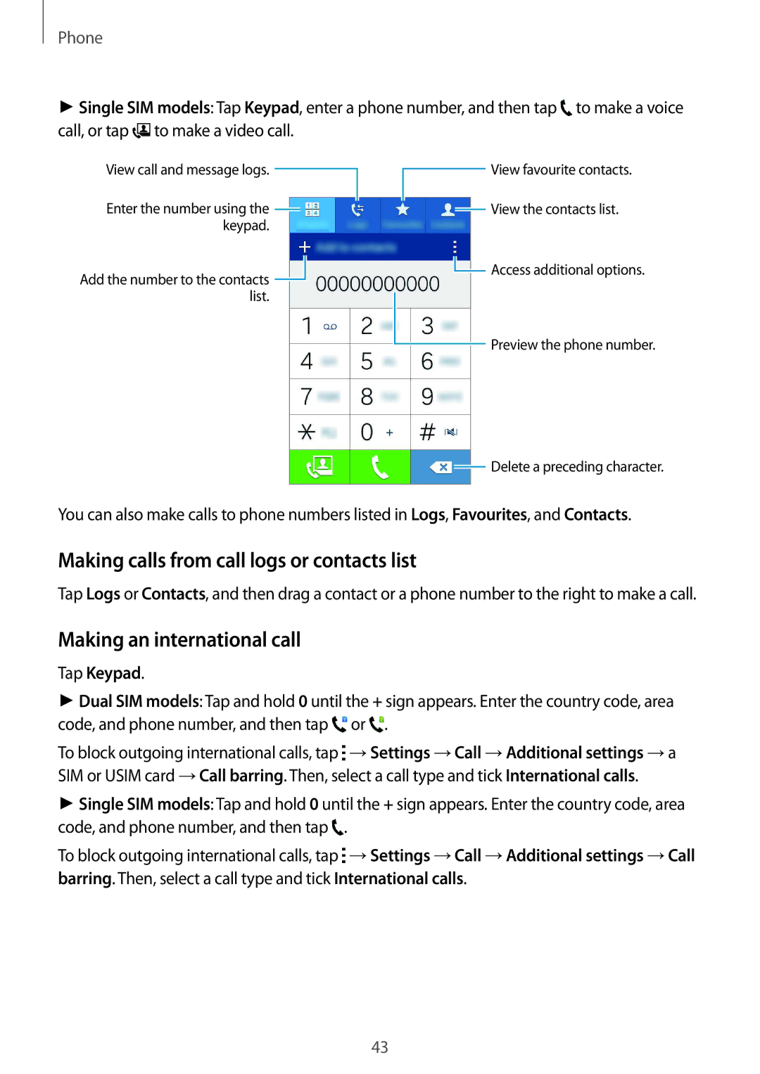 Samsung CG-J110HZWBSHI manual Making calls from call logs or contacts list, Making an international call, Tap Keypad 