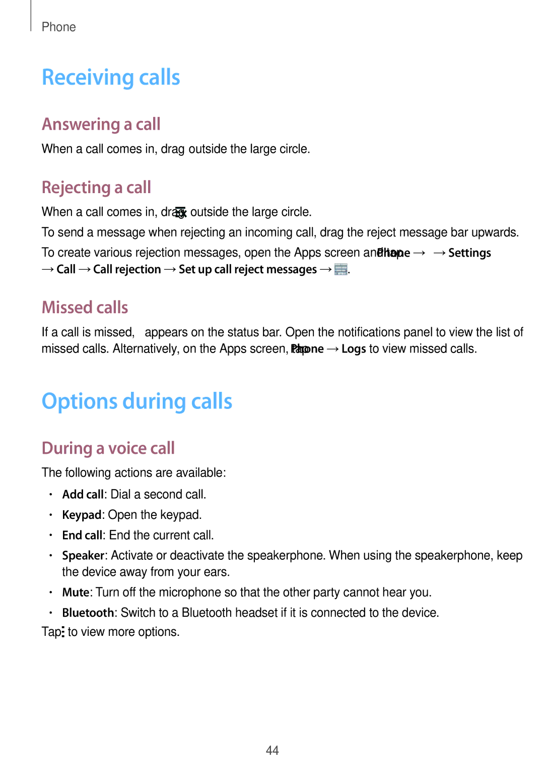 Samsung SM-J110HZKDKSA, SM-J110HZWDKSA, SM-J110HZBDKSA, CG-J110HZWBSHI manual Receiving calls, Options during calls 