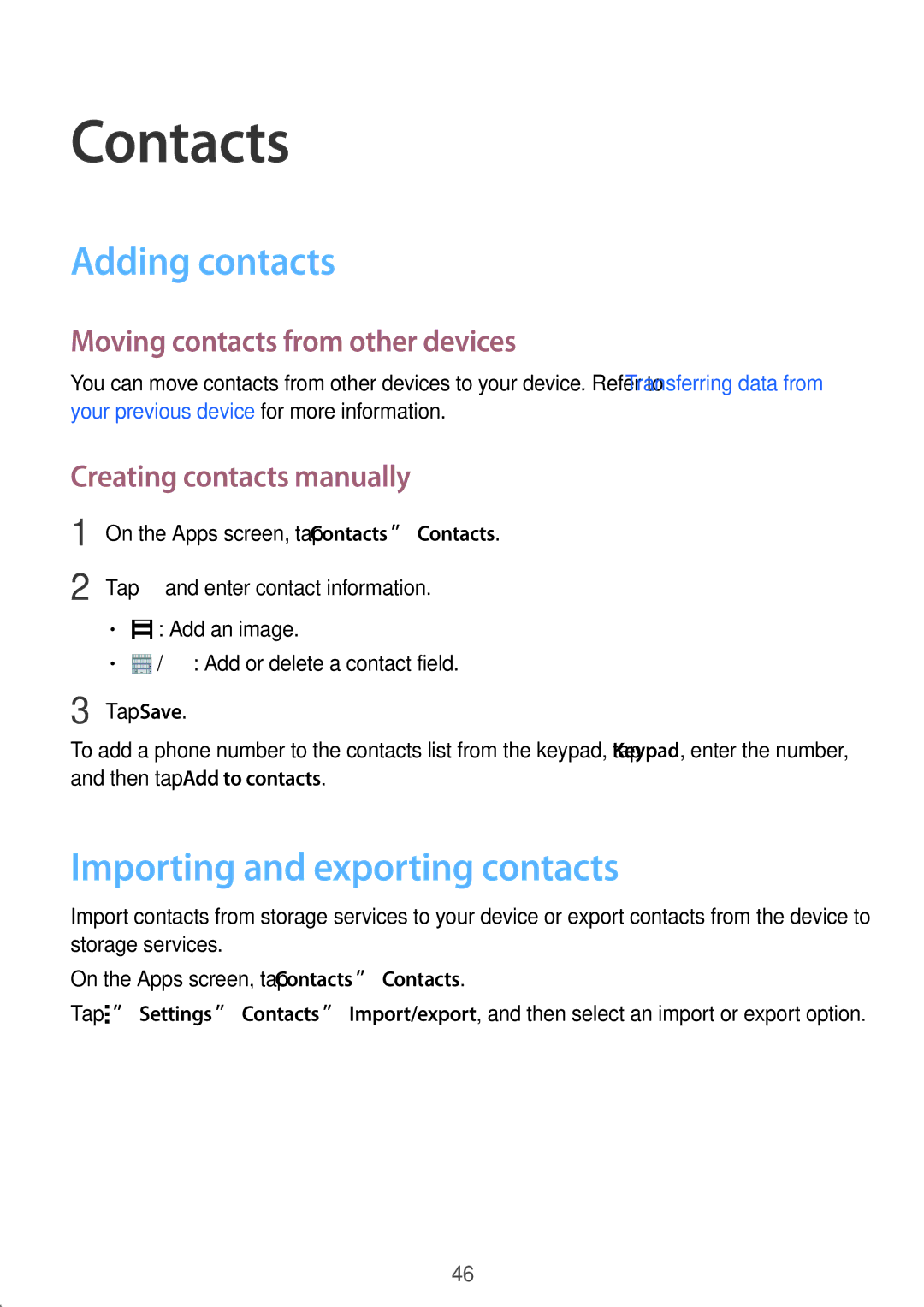 Samsung SM-J110HZBDKSA Contacts, Adding contacts, Importing and exporting contacts, Moving contacts from other devices 