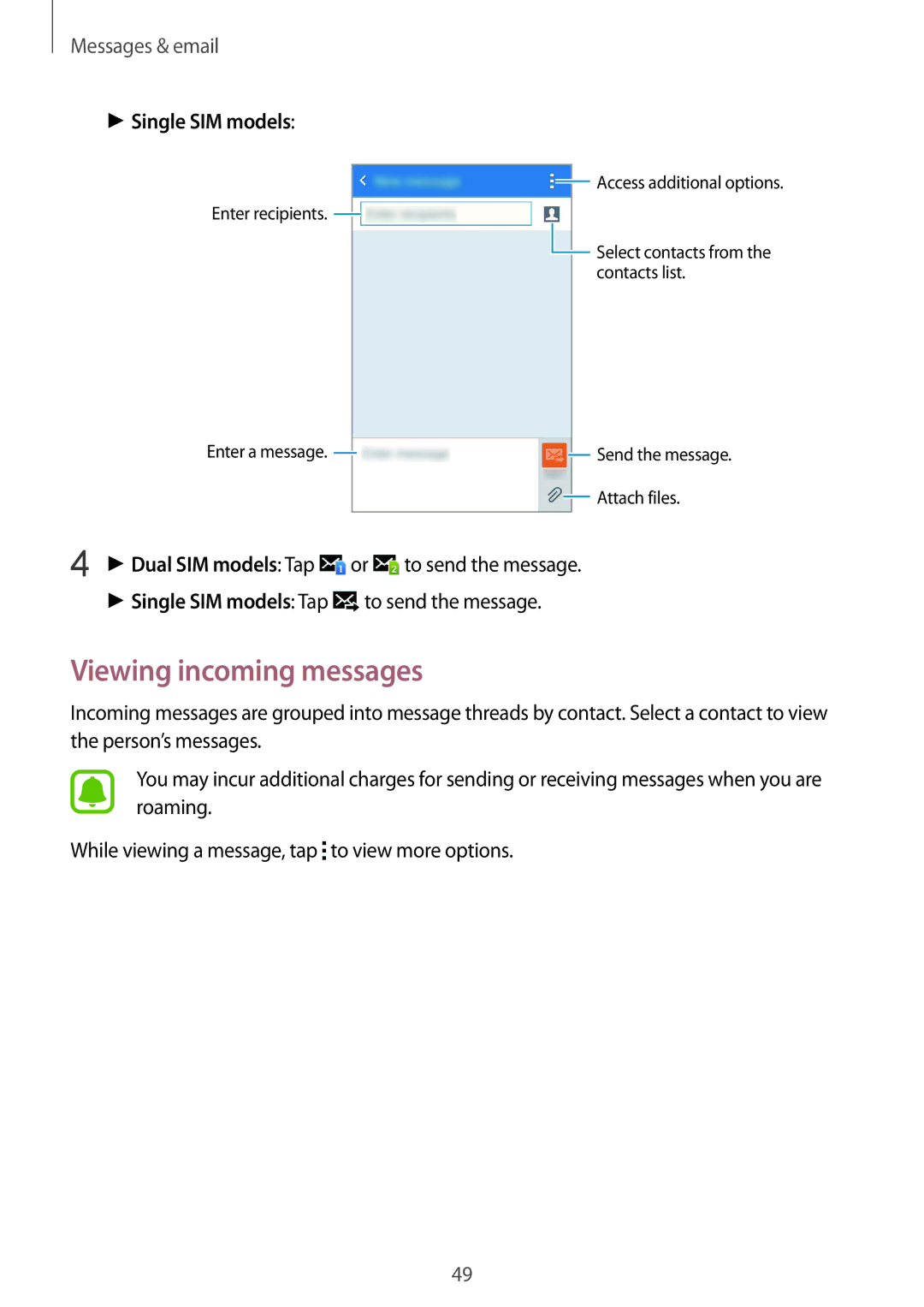 Samsung SM-J110HZWDKSA, SM-J110HZKDKSA, SM-J110HZBDKSA, CG-J110HZWBSHI manual Viewing incoming messages, Single SIM models 