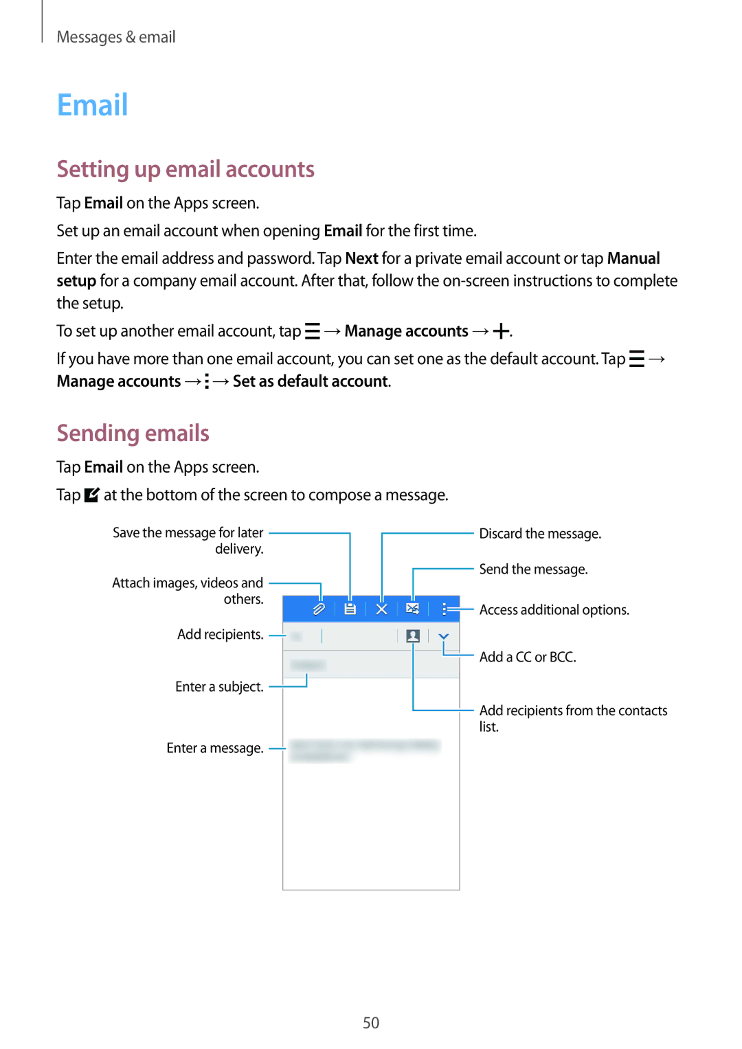 Samsung SM-J110HZBDKSA, SM-J110HZKDKSA, SM-J110HZWDKSA, CG-J110HZWBSHI manual Setting up email accounts, Sending emails 