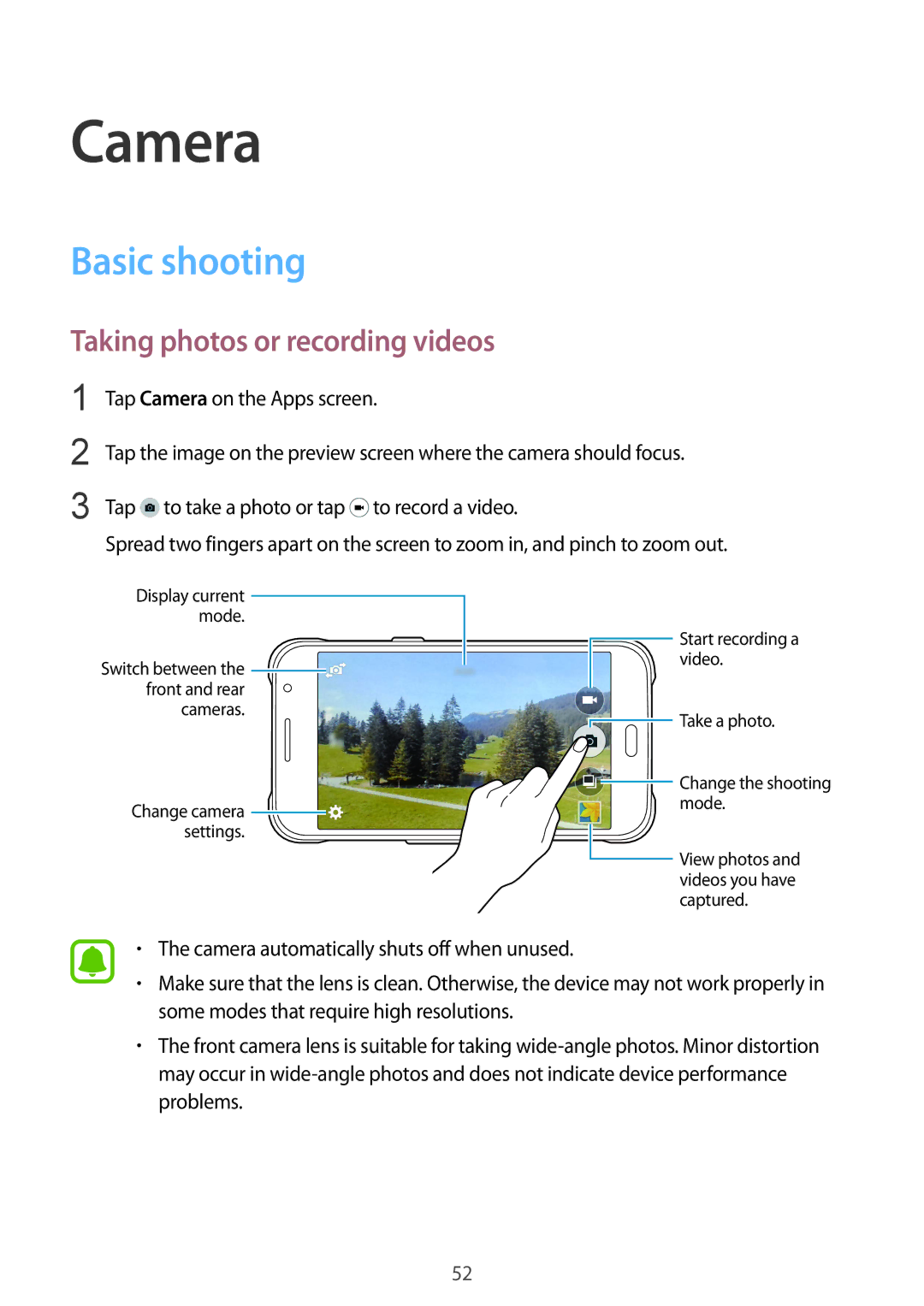 Samsung SM-J110HZKDKSA, SM-J110HZWDKSA, SM-J110HZBDKSA manual Camera, Basic shooting, Taking photos or recording videos 