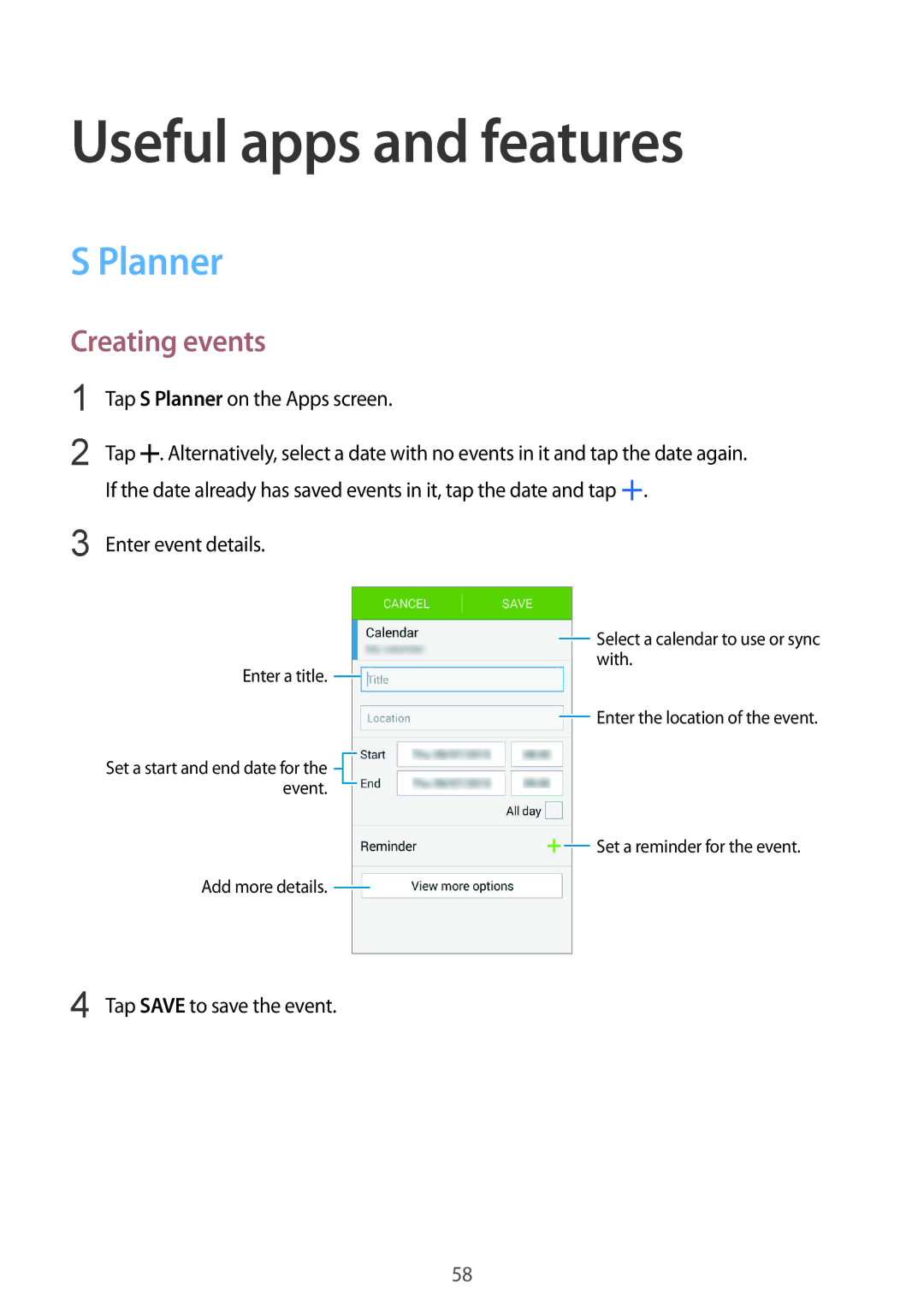 Samsung SM-J110HZBDKSA, SM-J110HZKDKSA, SM-J110HZWDKSA, CG-J110HZWBSHI Useful apps and features, Planner, Creating events 
