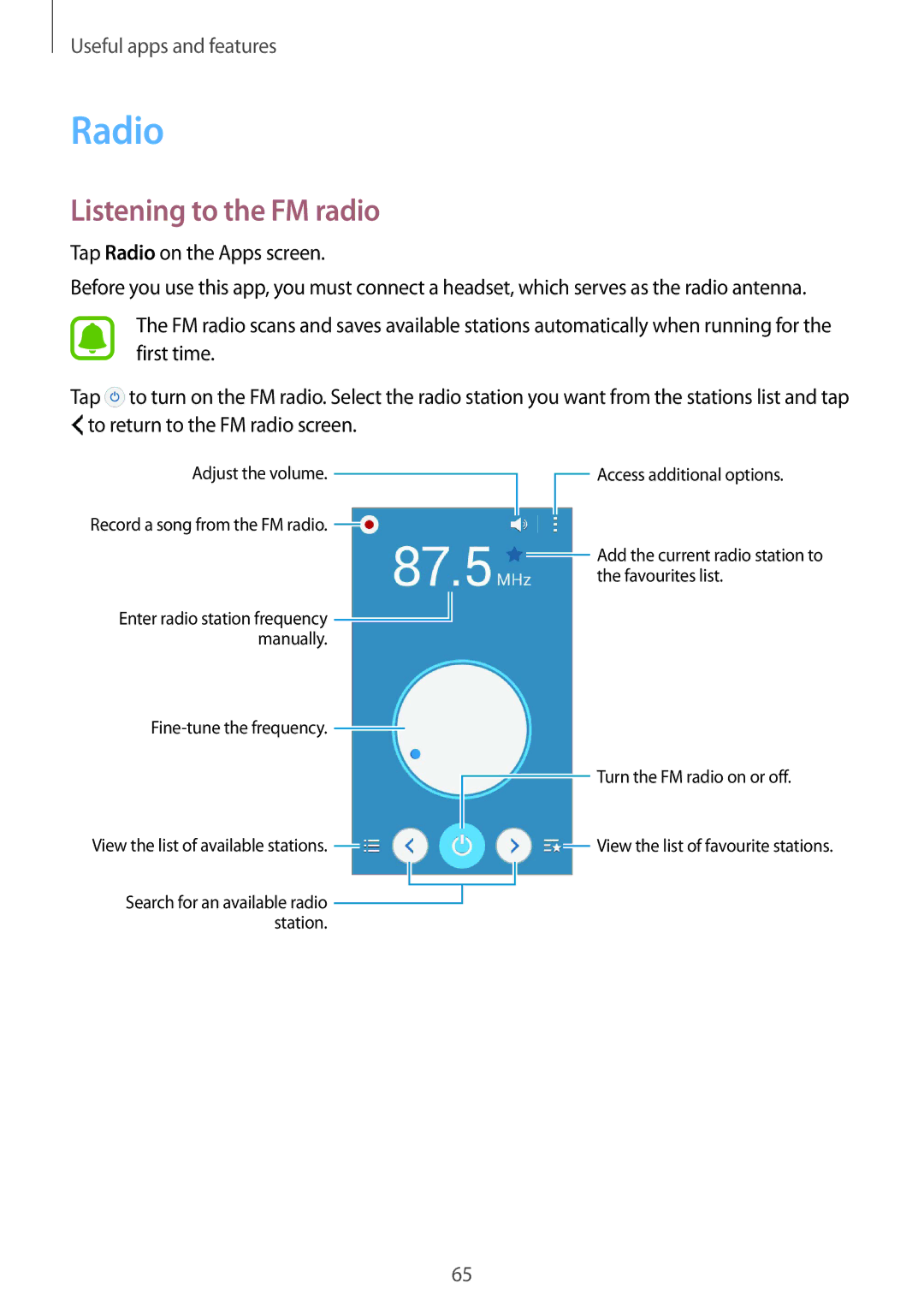 Samsung SM-J110HZWDKSA, SM-J110HZKDKSA, SM-J110HZBDKSA, CG-J110HZWBSHI manual Radio, Listening to the FM radio 