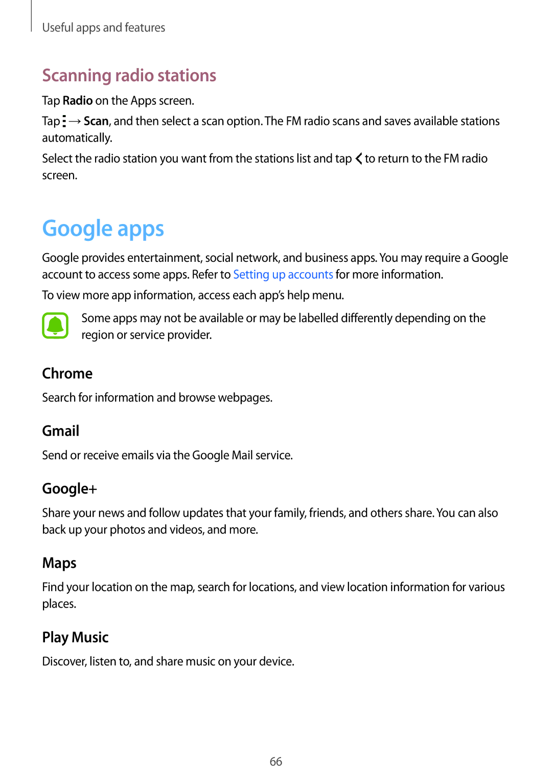 Samsung SM-J110HZBDKSA, SM-J110HZKDKSA, SM-J110HZWDKSA, CG-J110HZWBSHI manual Google apps, Scanning radio stations 
