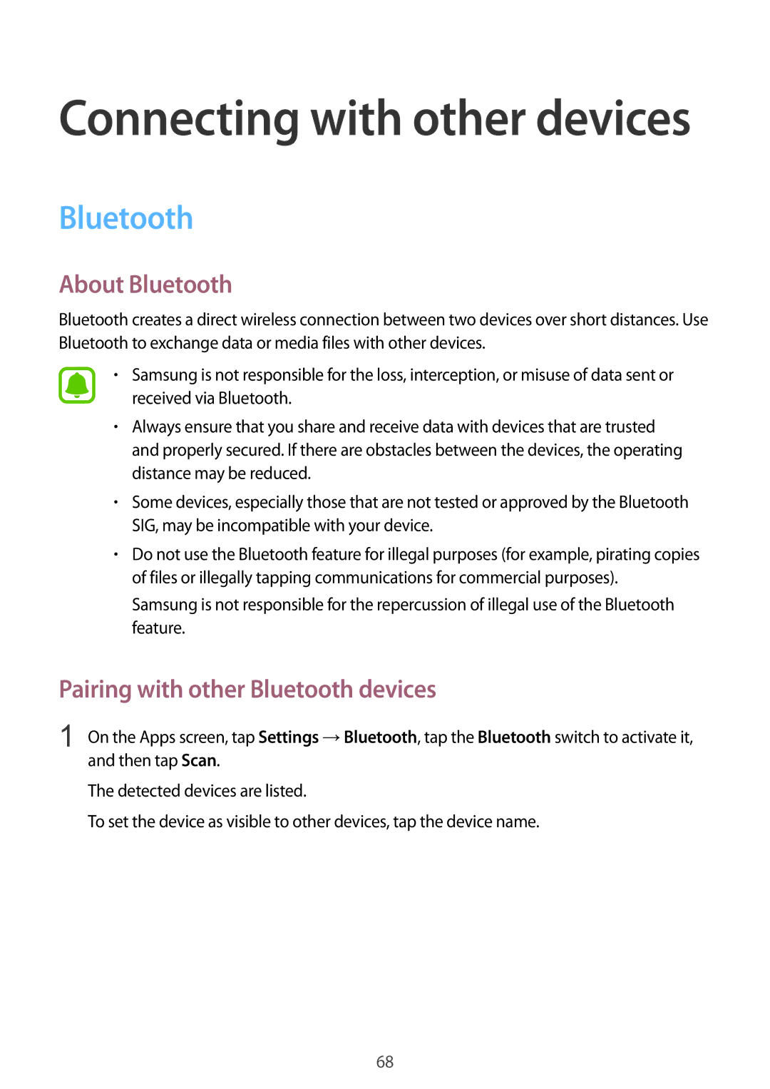 Samsung SM-J110HZKDKSA, SM-J110HZWDKSA, SM-J110HZBDKSA manual About Bluetooth, Pairing with other Bluetooth devices 