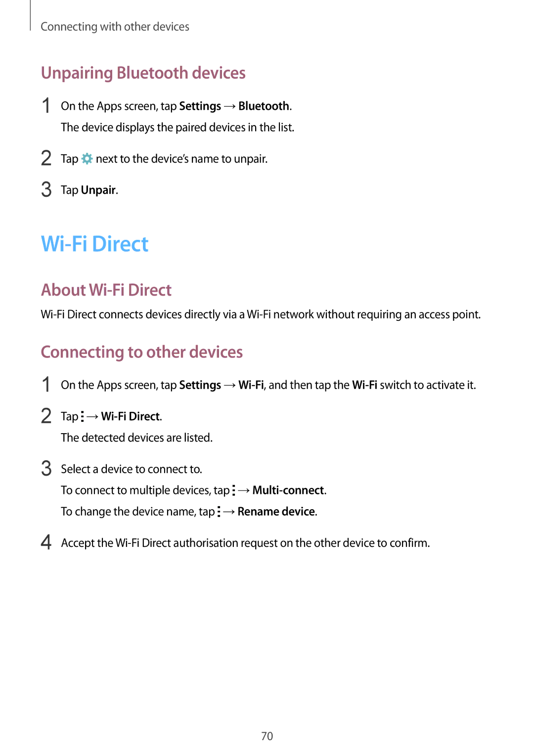 Samsung SM-J110HZBDKSA, SM-J110HZKDKSA Unpairing Bluetooth devices, About Wi-Fi Direct, Connecting to other devices 