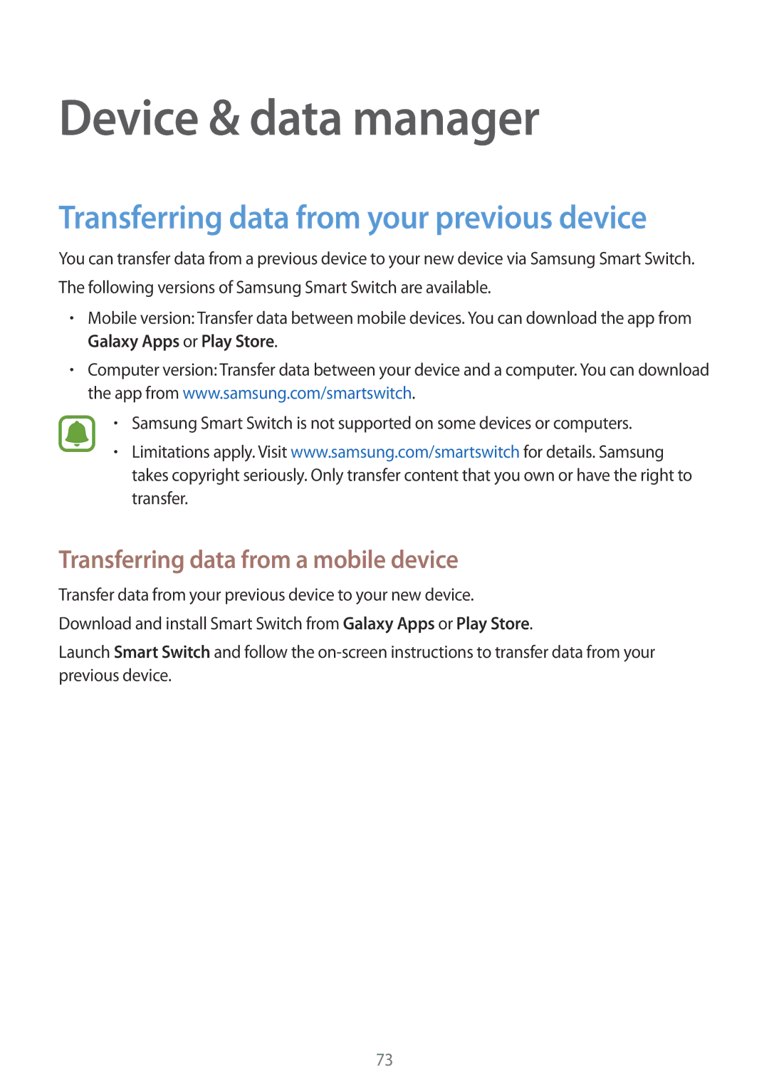 Samsung SM-J110HZWDKSA, SM-J110HZKDKSA, SM-J110HZBDKSA Device & data manager, Transferring data from your previous device 