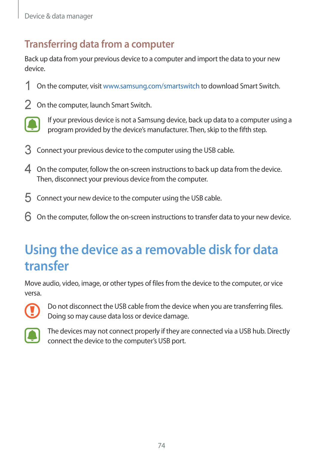 Samsung SM-J110HZBDKSA manual Using the device as a removable disk for data transfer, Transferring data from a computer 