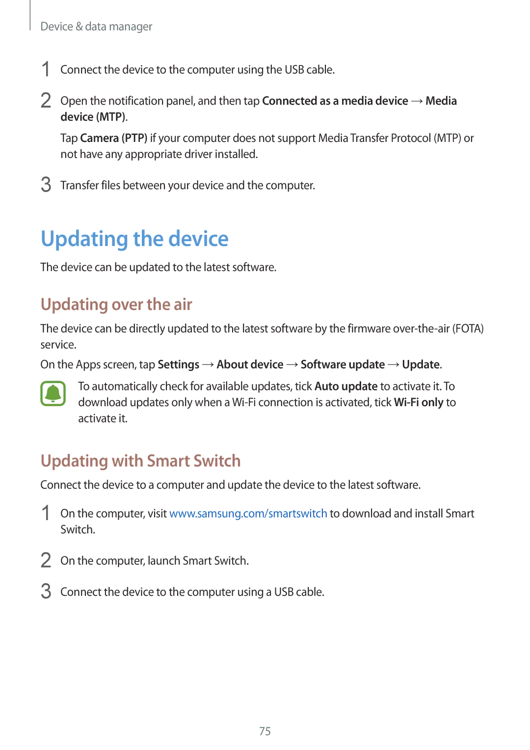 Samsung CG-J110HZWBSHI, SM-J110HZKDKSA Updating the device, Updating over the air, Updating with Smart Switch, Device MTP 