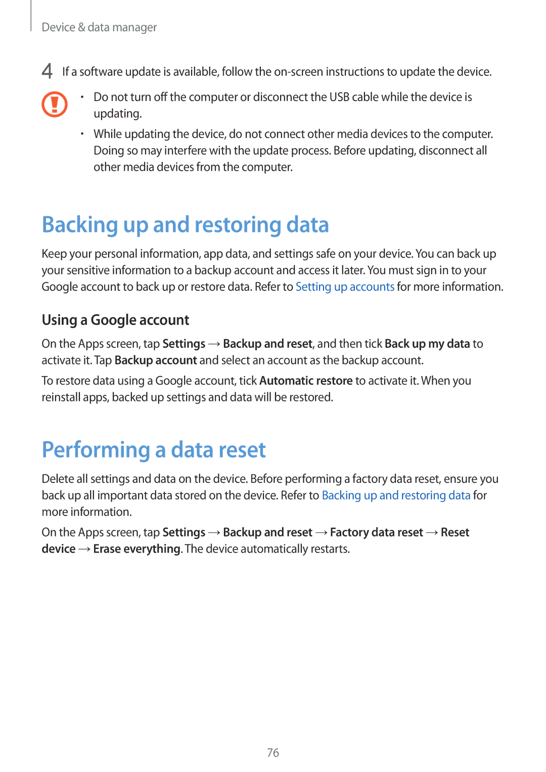 Samsung SM-J110HZKDKSA, SM-J110HZWDKSA manual Backing up and restoring data, Performing a data reset, Using a Google account 