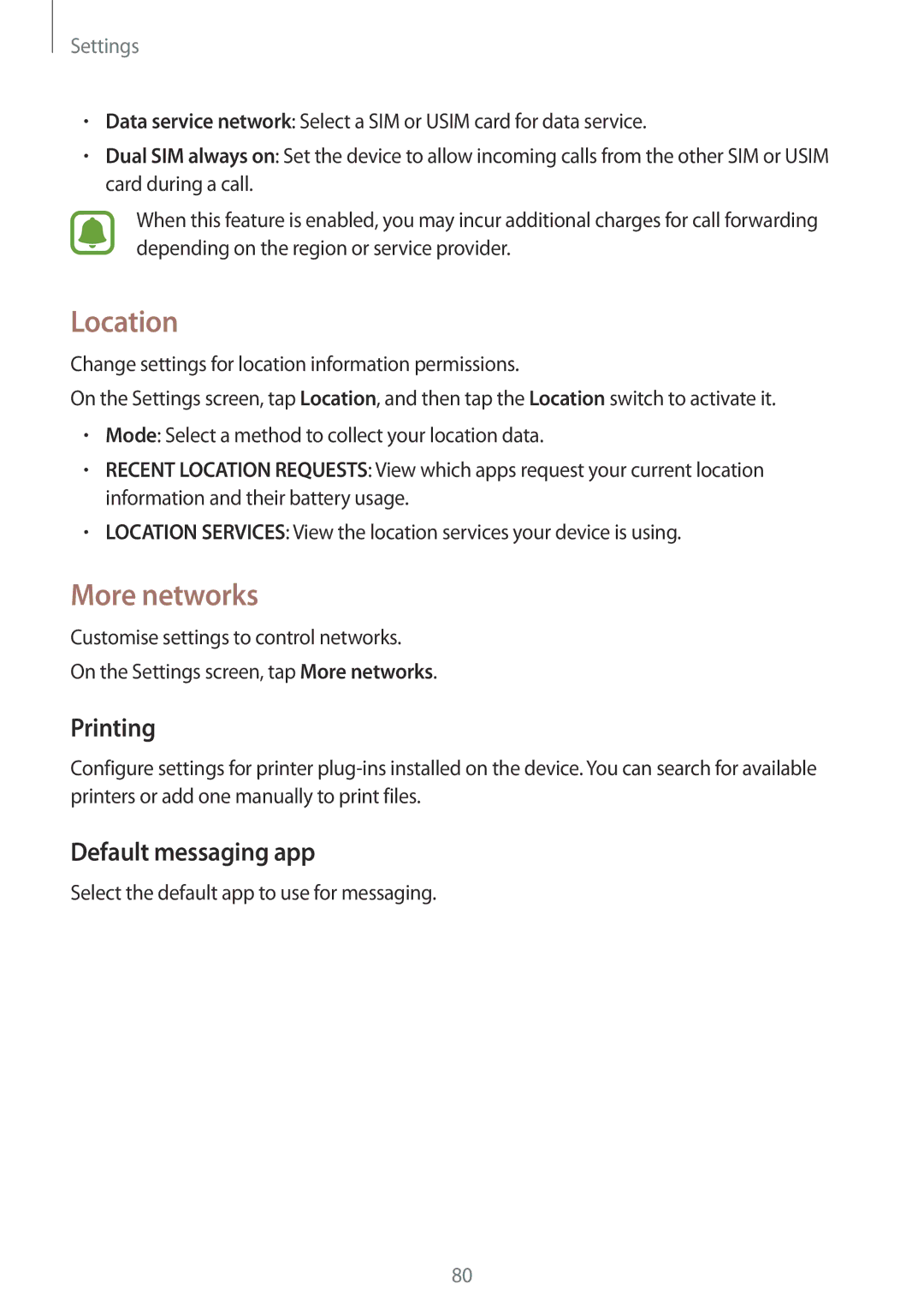 Samsung SM-J110HZKDKSA, SM-J110HZWDKSA, SM-J110HZBDKSA manual Location, More networks, Printing, Default messaging app 