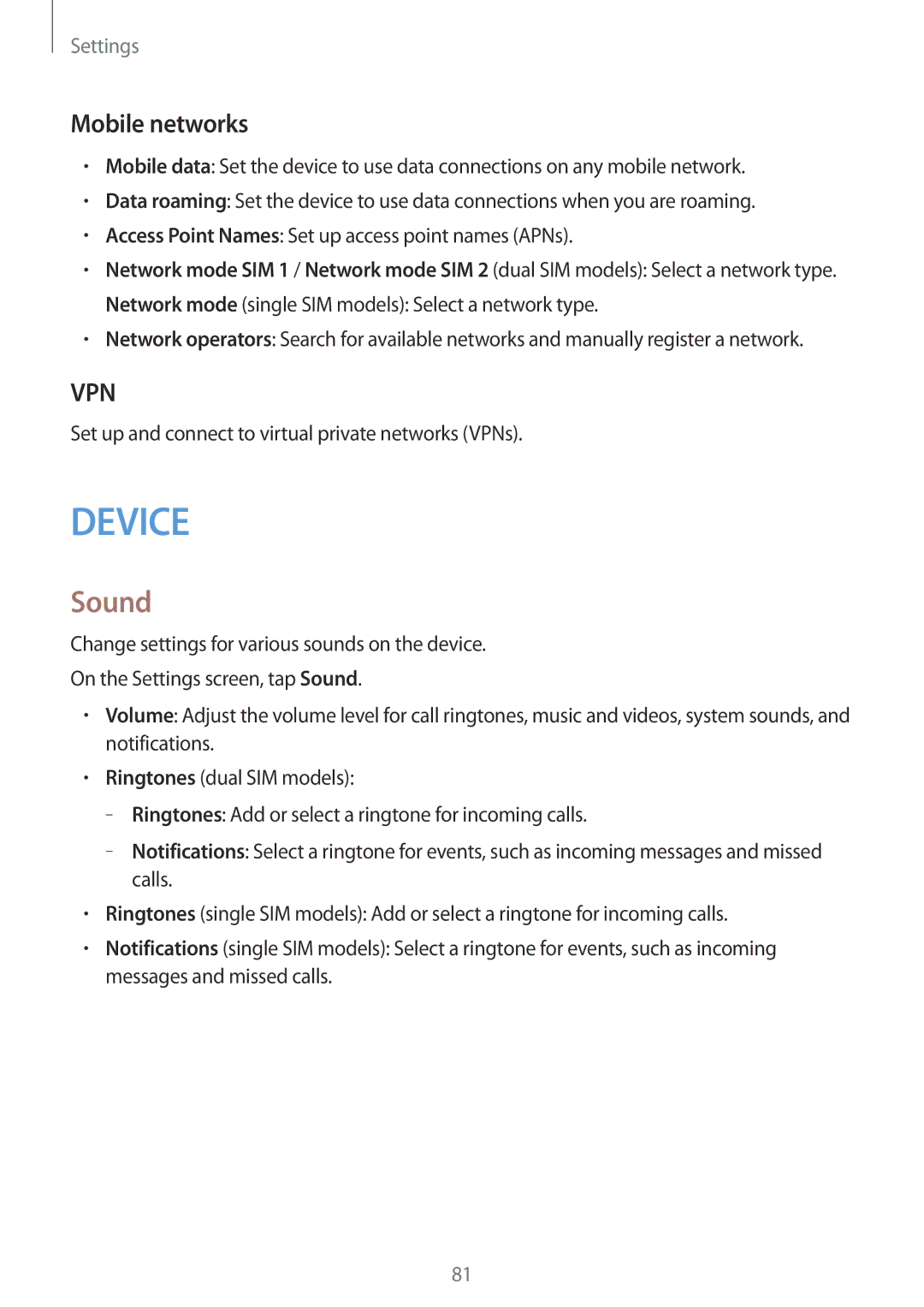 Samsung SM-J110HZWDKSA, SM-J110HZKDKSA, SM-J110HZBDKSA, CG-J110HZWBSHI manual Sound, Mobile networks 