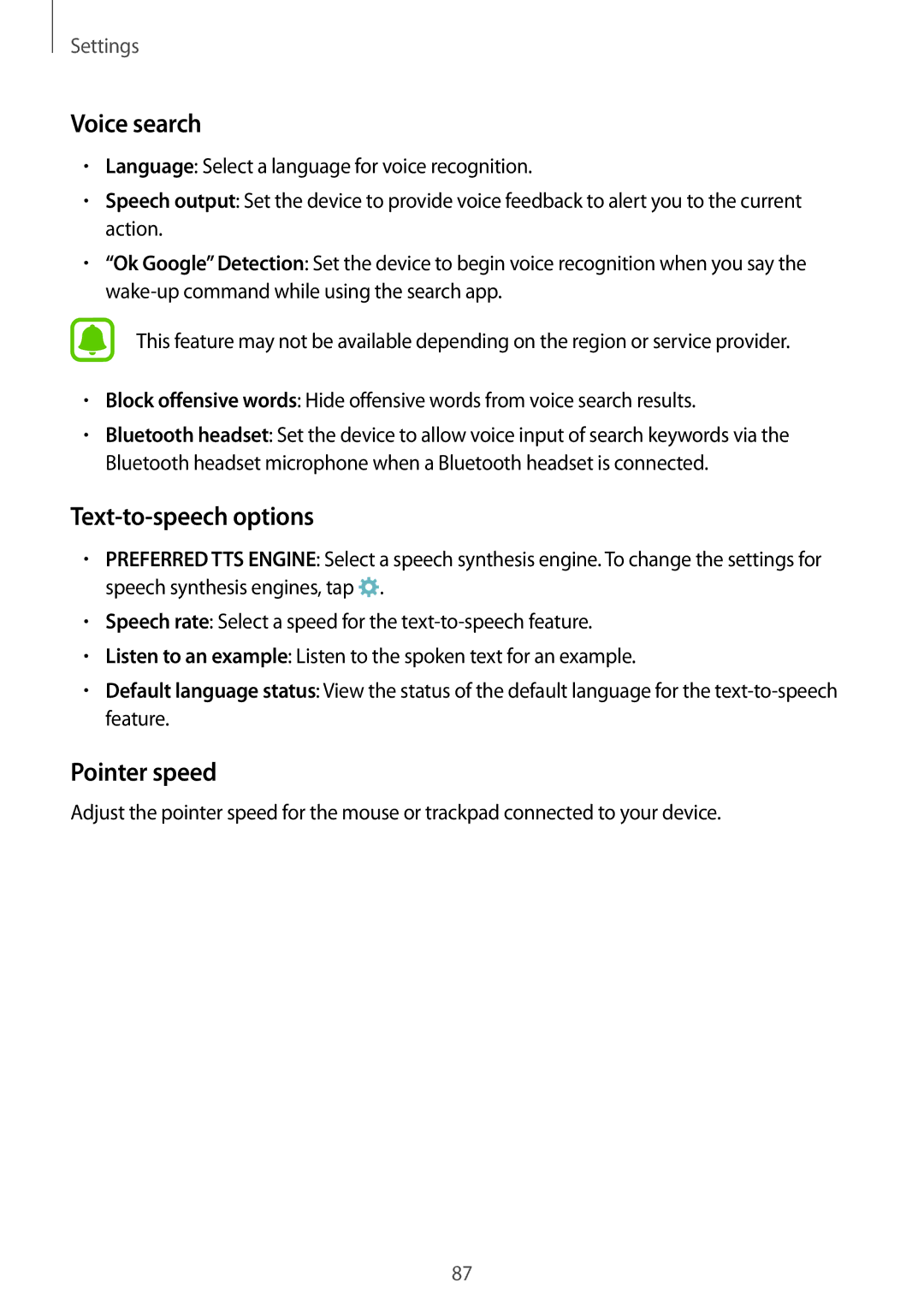 Samsung CG-J110HZWBSHI, SM-J110HZKDKSA, SM-J110HZWDKSA, SM-J110HZBDKSA manual Text-to-speech options, Pointer speed 