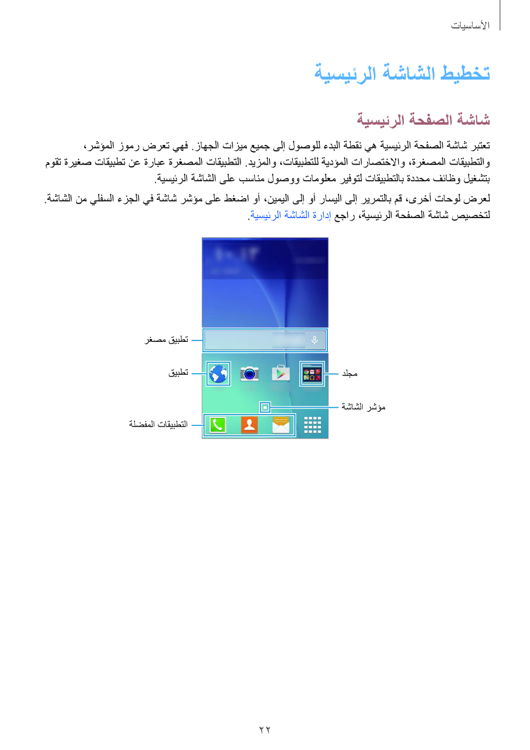 Samsung SM-J110HZWDKSA, SM-J110HZKDKSA, SM-J110HZBDKSA manual ةيسيئرلا ةشاشلا طيطخت, ةيسيئرلا ةحفصلا ةشاش 