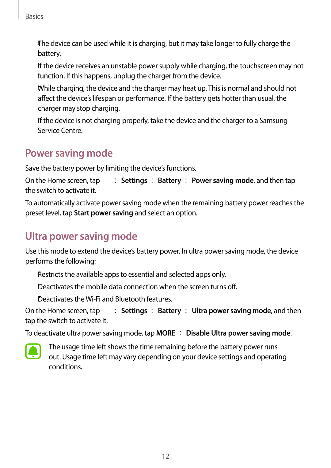 Samsung SM-J120FZDNBGL, SM-J120FZKNDBT, SM-J120FZDNDBT, SM-J120FZWNDBT manual Power saving mode, Ultra power saving mode 