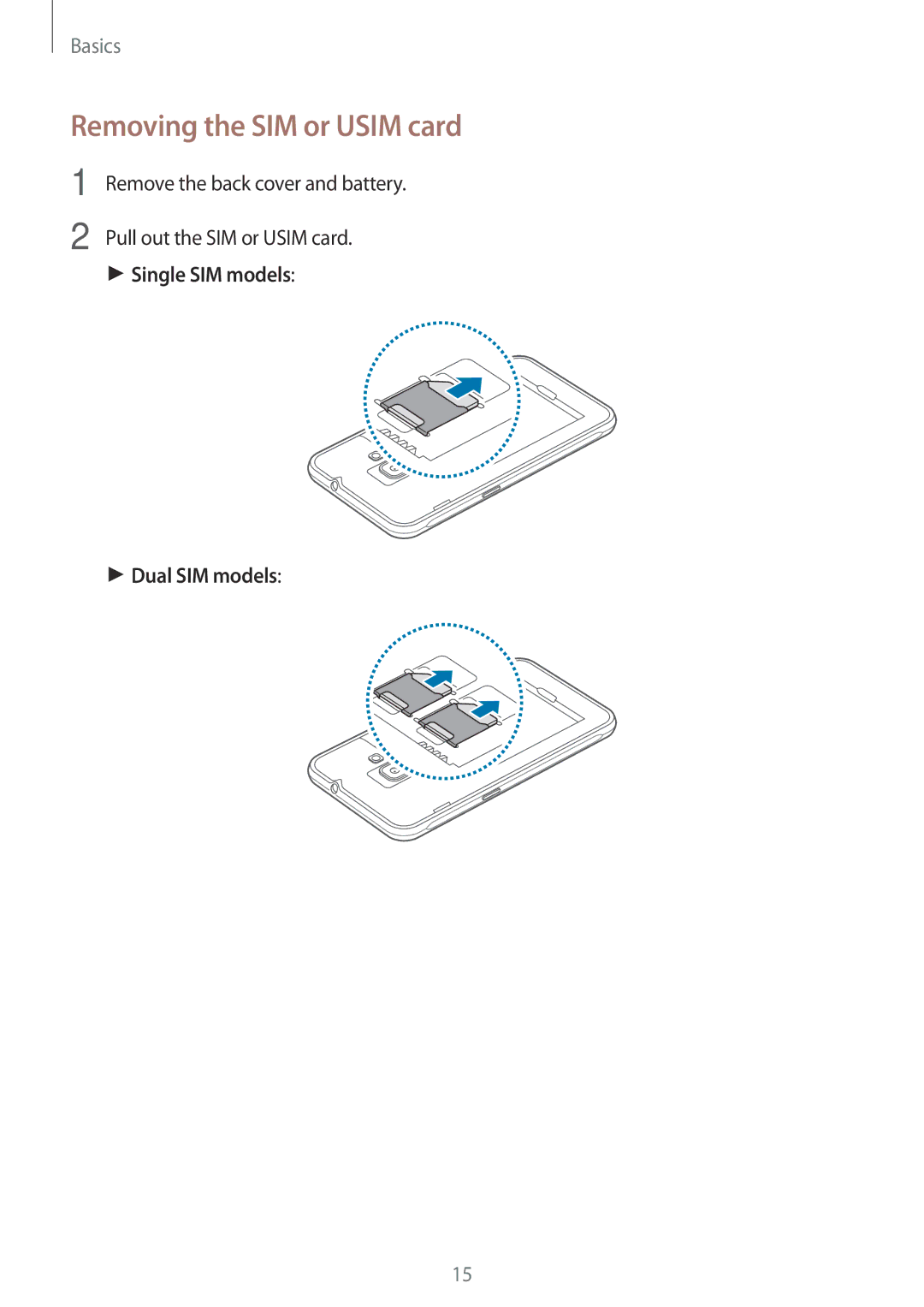 Samsung SM2J120FZDNORX, SM-J120FZKNDBT, SM-J120FZDNDBT, SM-J120FZWNDBT, SM-J120FZDNXEF manual Removing the SIM or Usim card 