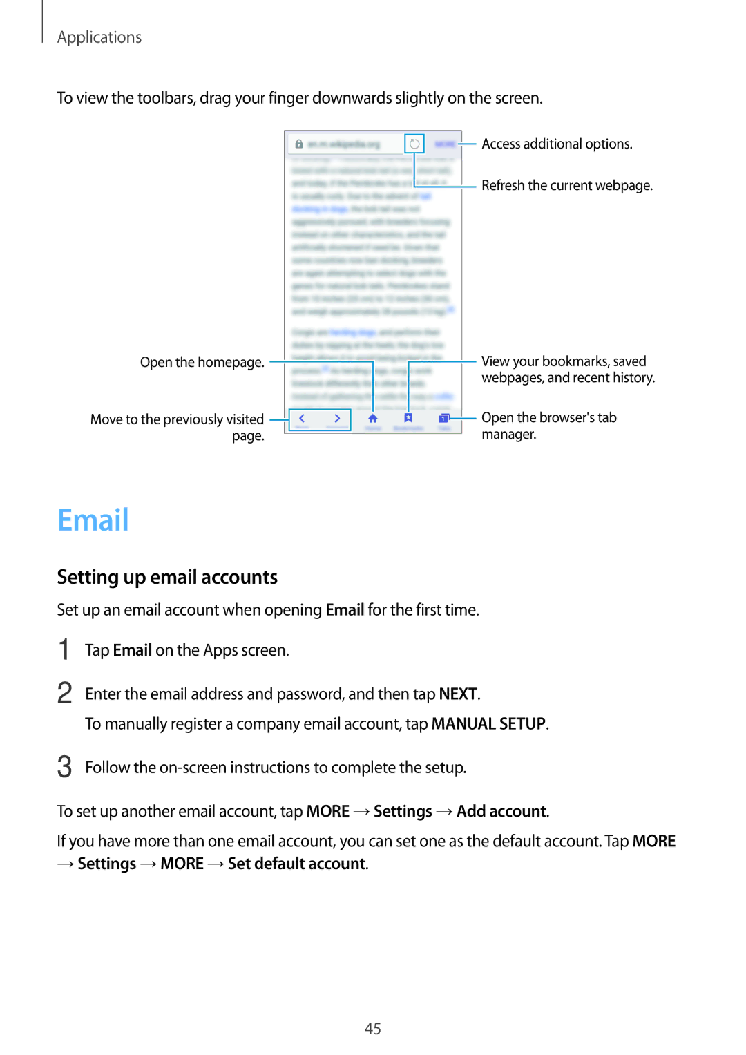 Samsung SM-J120FZWDSER, SM-J120FZKNDBT, SM-J120FZDNDBT, SM-J120FZWNDBT, SM-J120FZDNXEF manual Setting up email accounts 