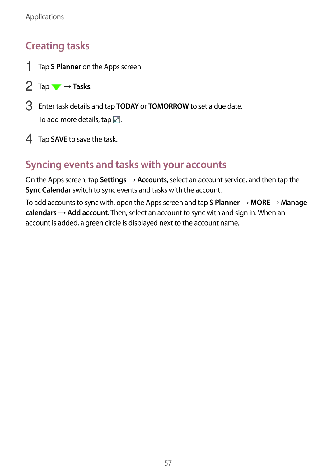 Samsung SM-J120FZWNPHE, SM-J120FZKNDBT, SM-J120FZDNDBT manual Creating tasks, Syncing events and tasks with your accounts 